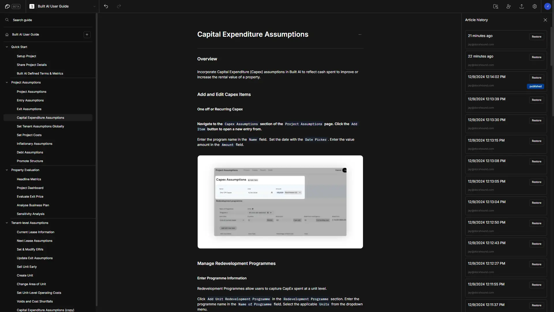 DocsHound Capital Expenditure Assumptions page with article history panel