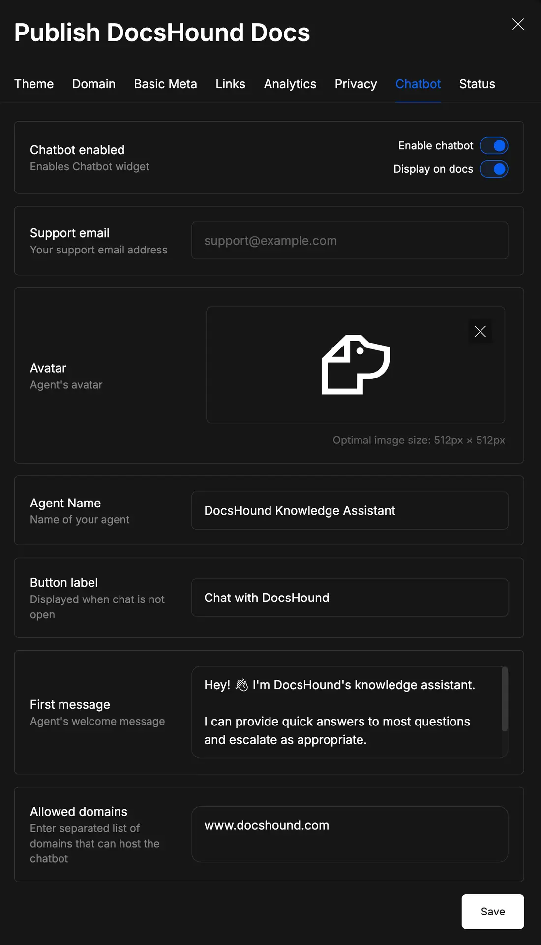 Publish DocsHound Docs - Chatbot settings screen