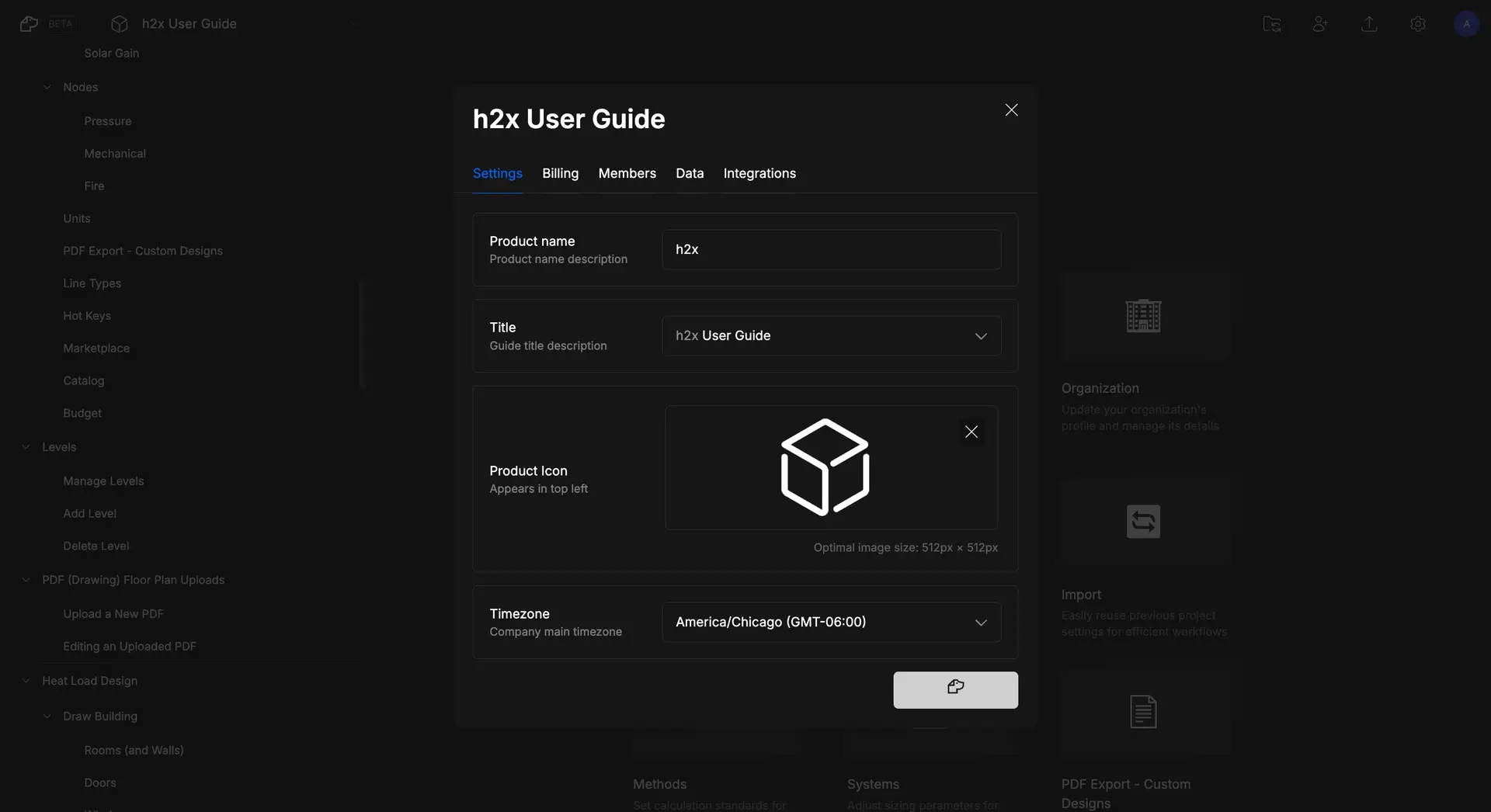 DocsHound h2x User Guide settings screen