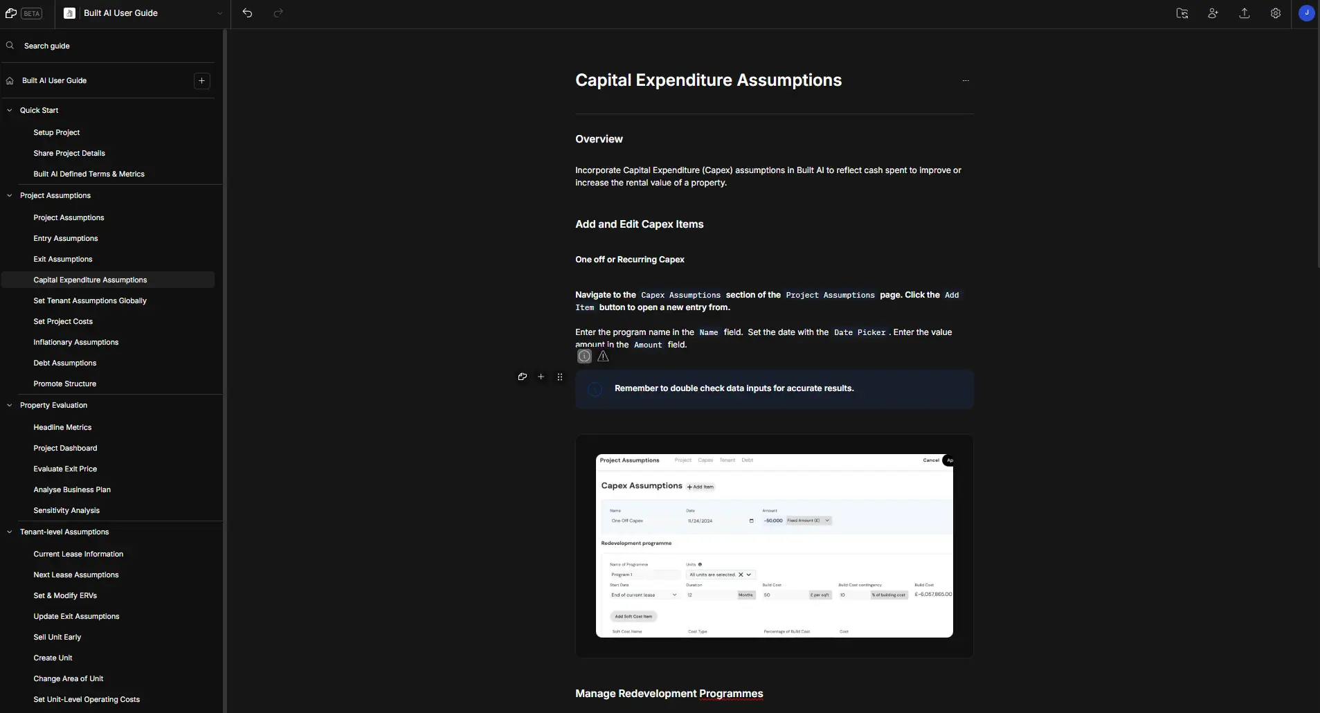 DocsHound user guide on Capital Expenditure Assumptions with navigation pane and content instructions.