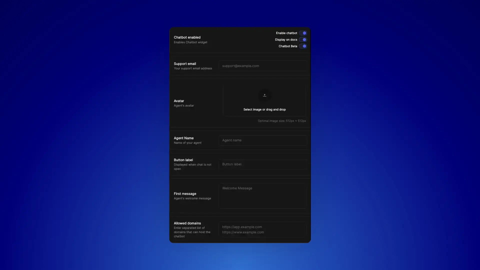 DocsHound Chatbot integration settings page with options to enable chatbot, display on docs, and enable Chatbot Beta, along with fields for support email, avatar, agent name, button label, first message, and allowed domains.