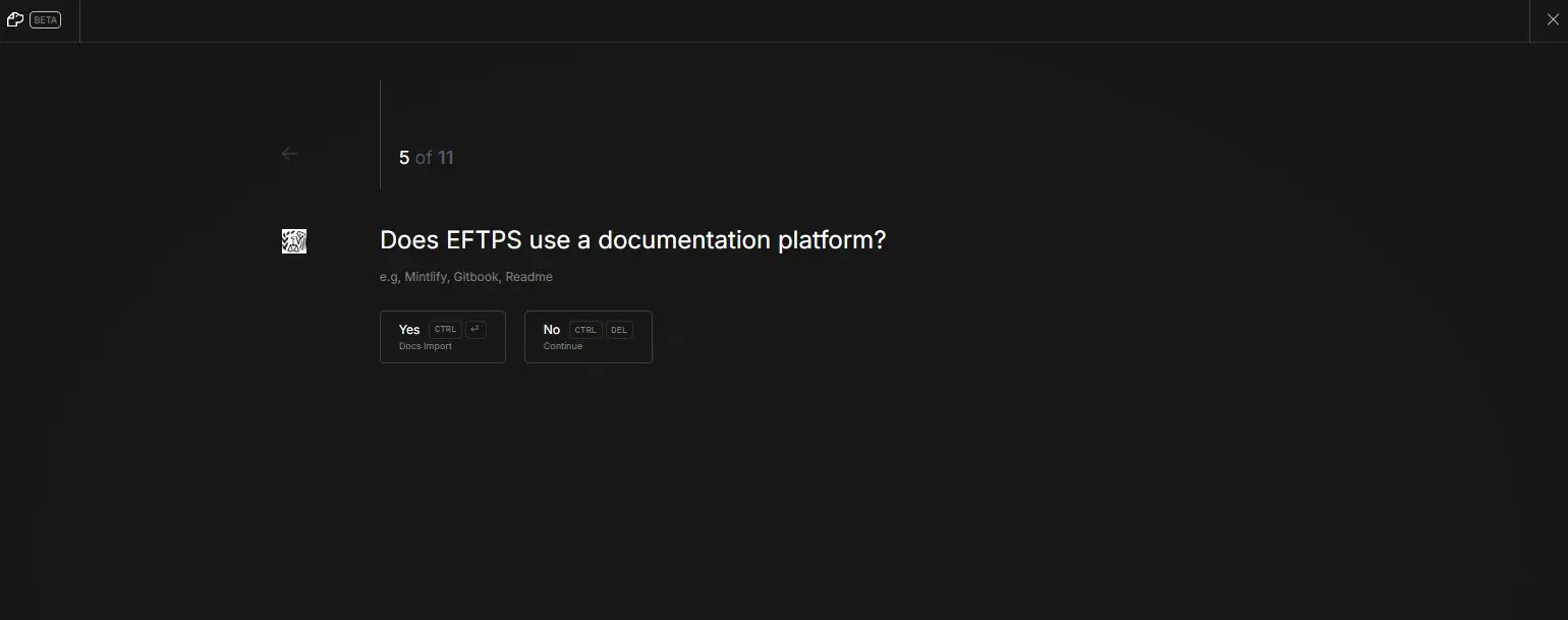 DocsHound Quick Start guide creation step 5 of 11, asking about EFTPS documentation platform usage.