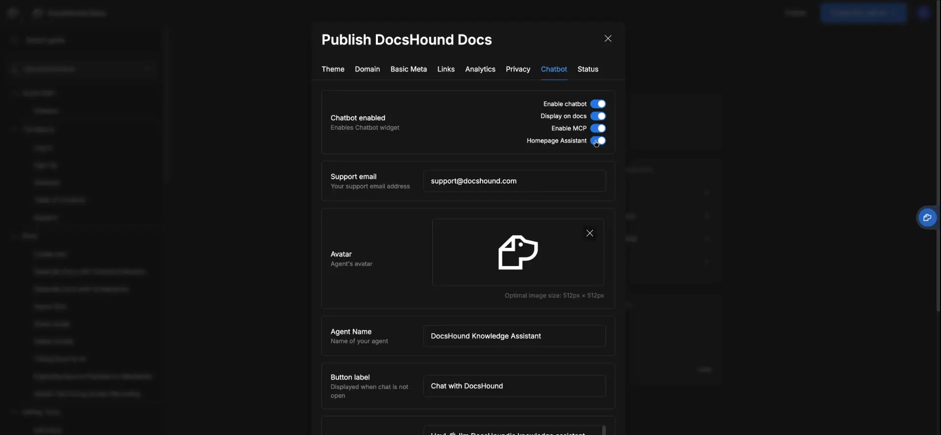 The user is in the "Chatbot" settings within the "Publish DocsHound Docs" modal, where they can enable or disable the chatbot and its features.