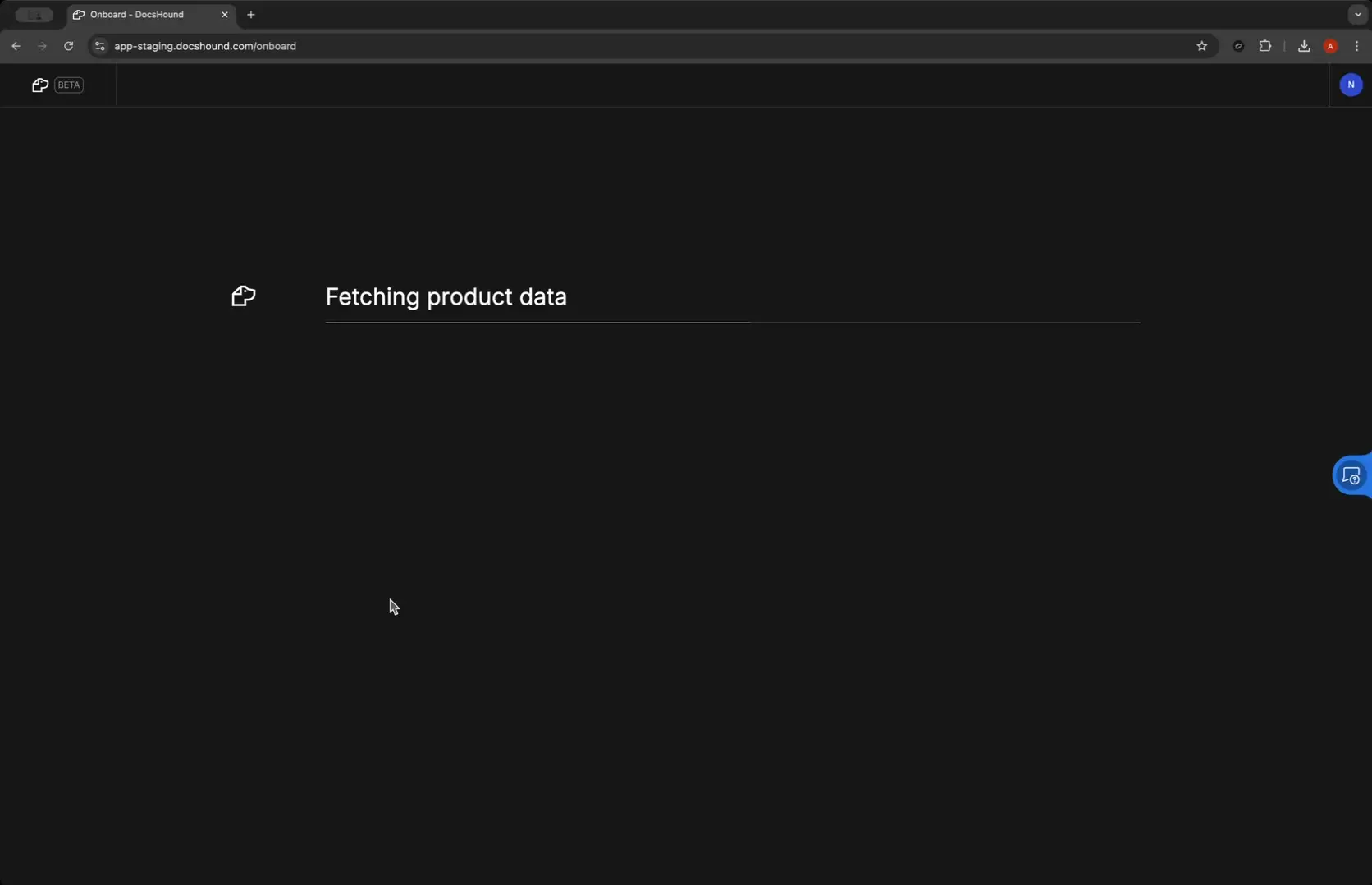 DocsHound onboarding screen showing 'Fetching product data' message.