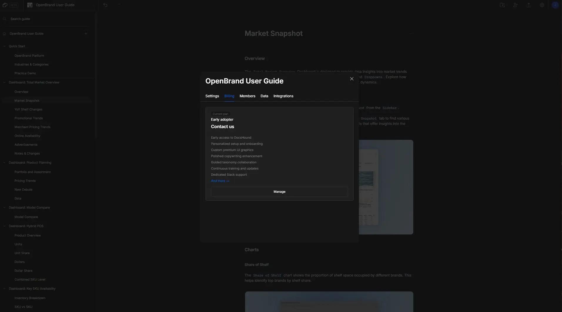 OpenBrand User Guide settings interface in DocsHound with Billing tab active