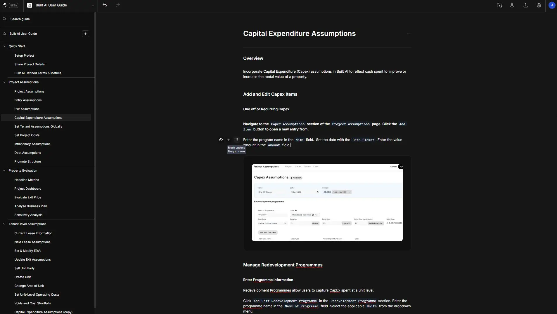 DocsHound Capital Expenditure Assumptions editing screen