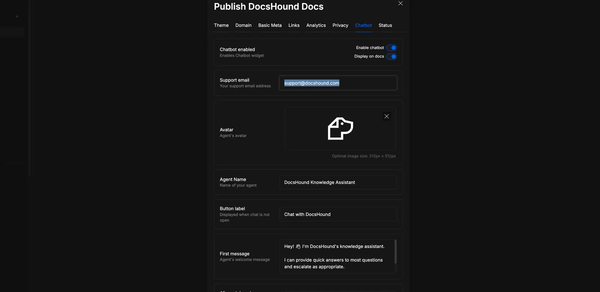 DocsHound Chatbot Settings Screen