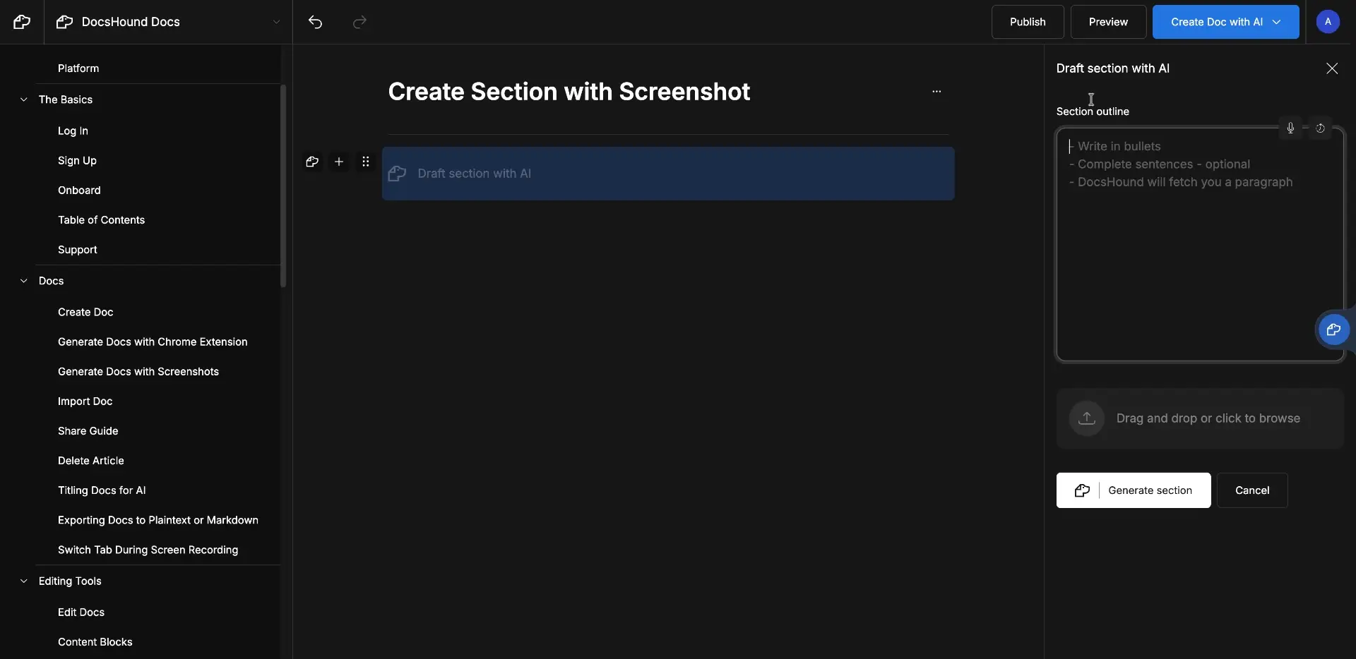 The user is creating a section with a screenshot using the AI feature, where they can input a section outline and the software will generate the content.