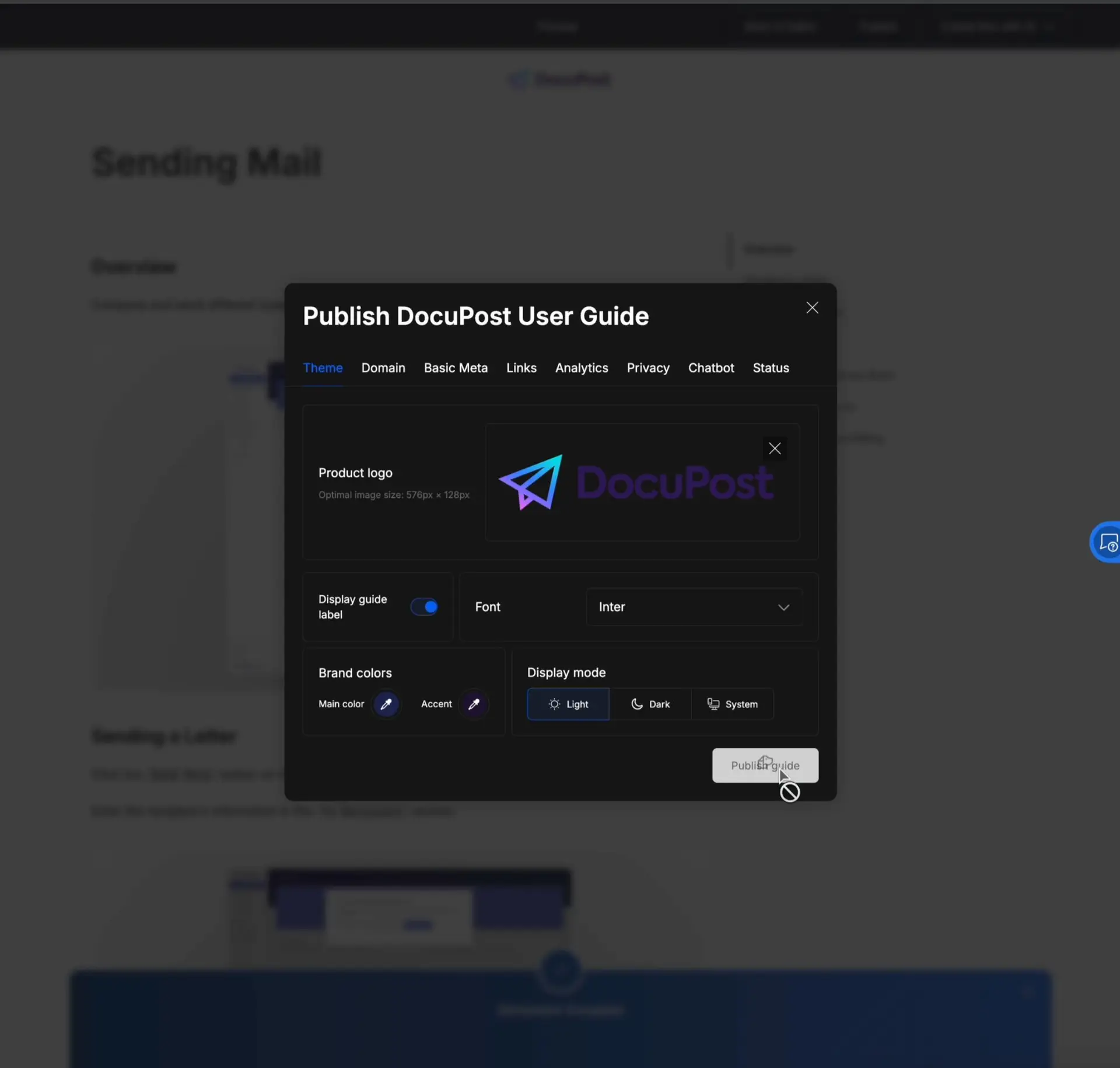 DocsHound Publish DocuPost User Guide interface with theme customization options.