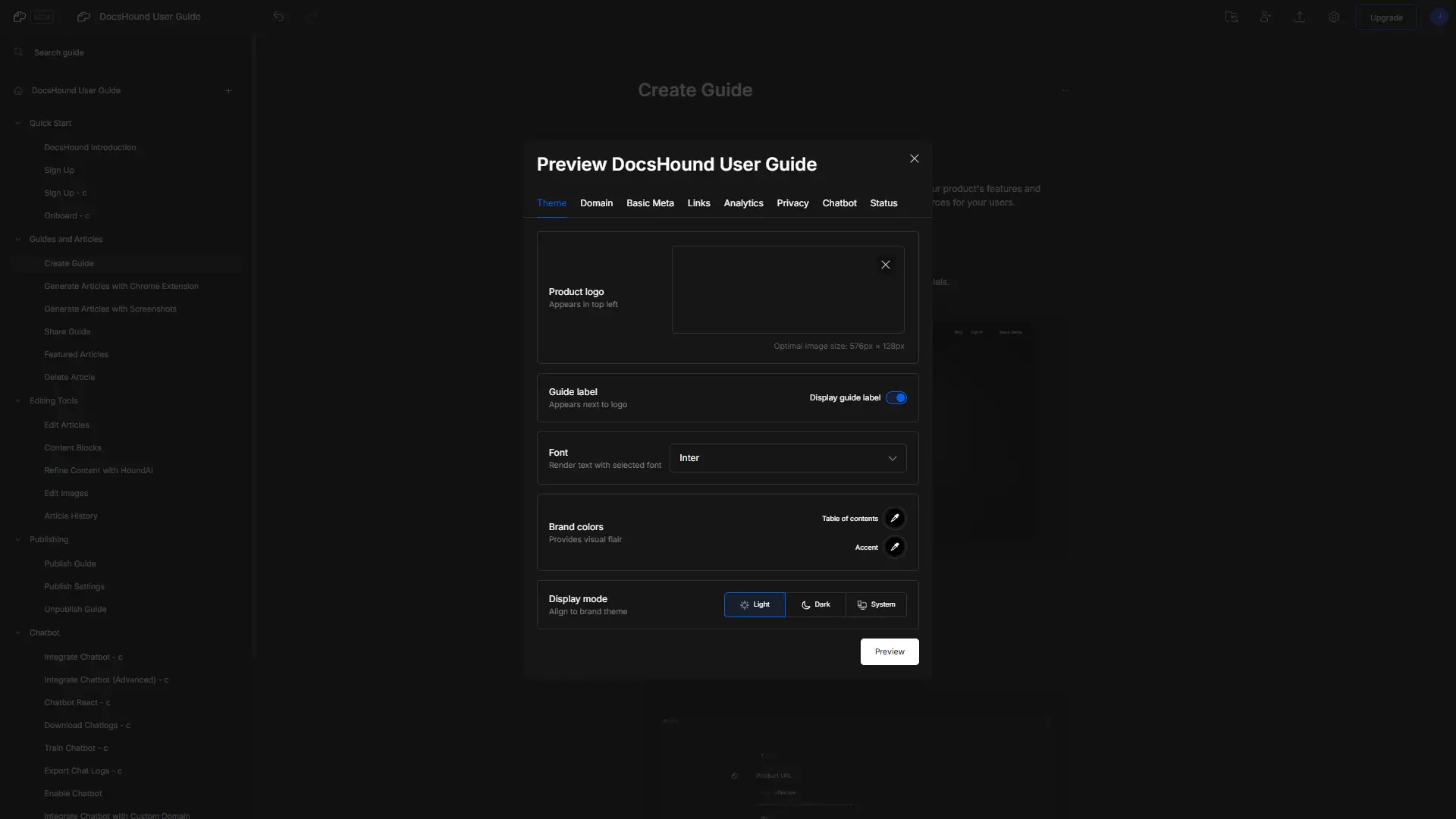 Preview DocsHound User Guide interface with customization options for theme and branding.