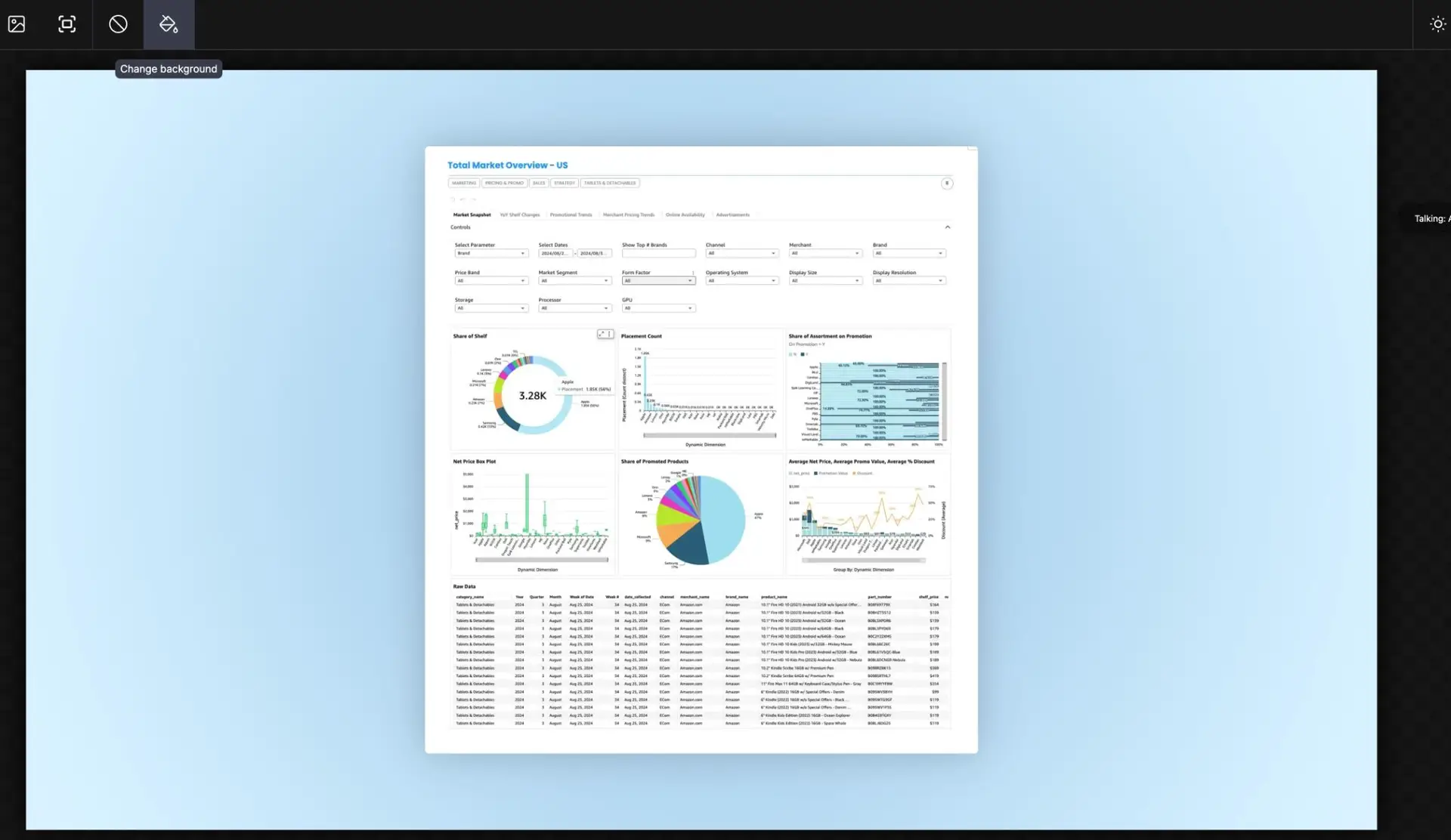 DocsHound Editor interface showing a market overview dashboard with editing tools.