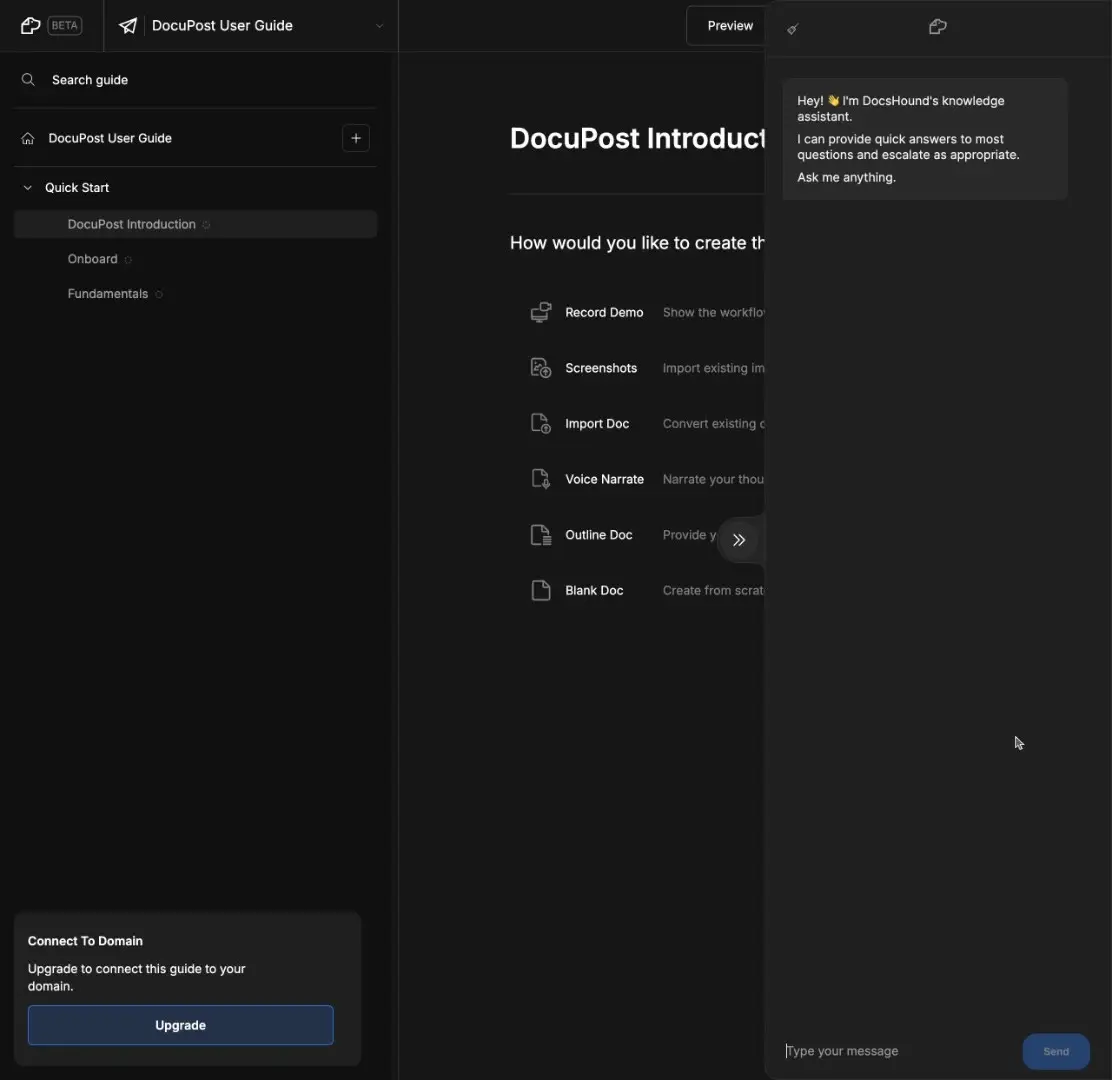 DocsHound Quick Start screen showing DocuPost Introduction options and chat assistant