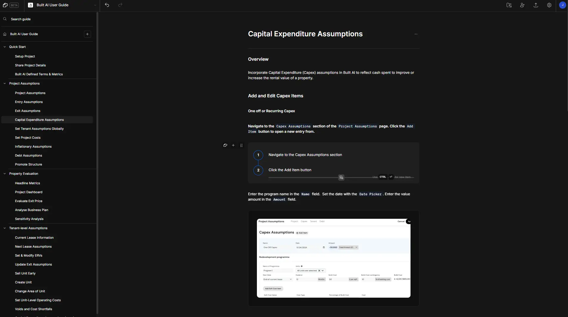 DocsHound Built AI User Guide - Capital Expenditure Assumptions section