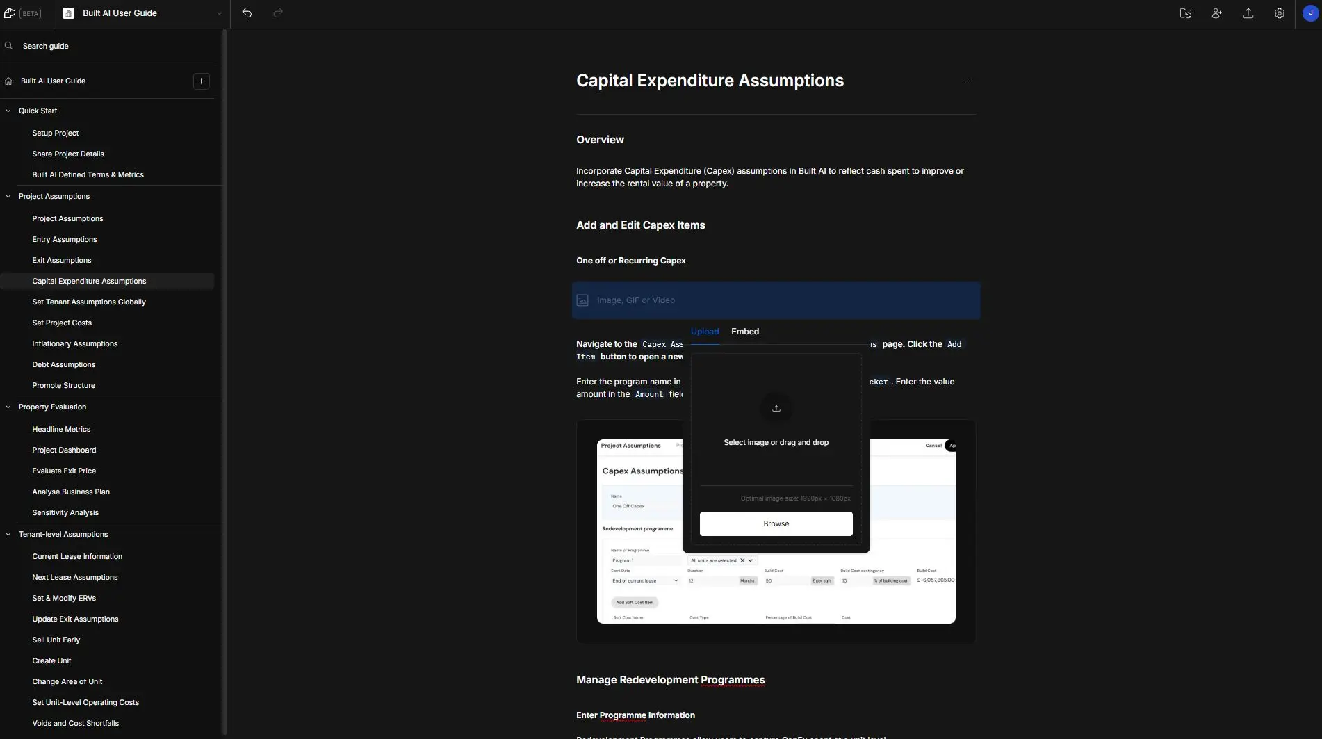 DocsHound Capital Expenditure Assumptions page with navigation menu and media upload options.