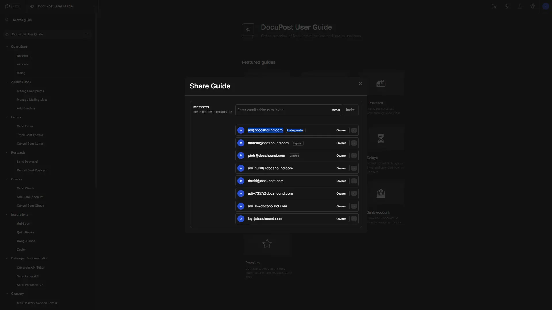 DocsHound Share Guide settings window with member invitation and management options.