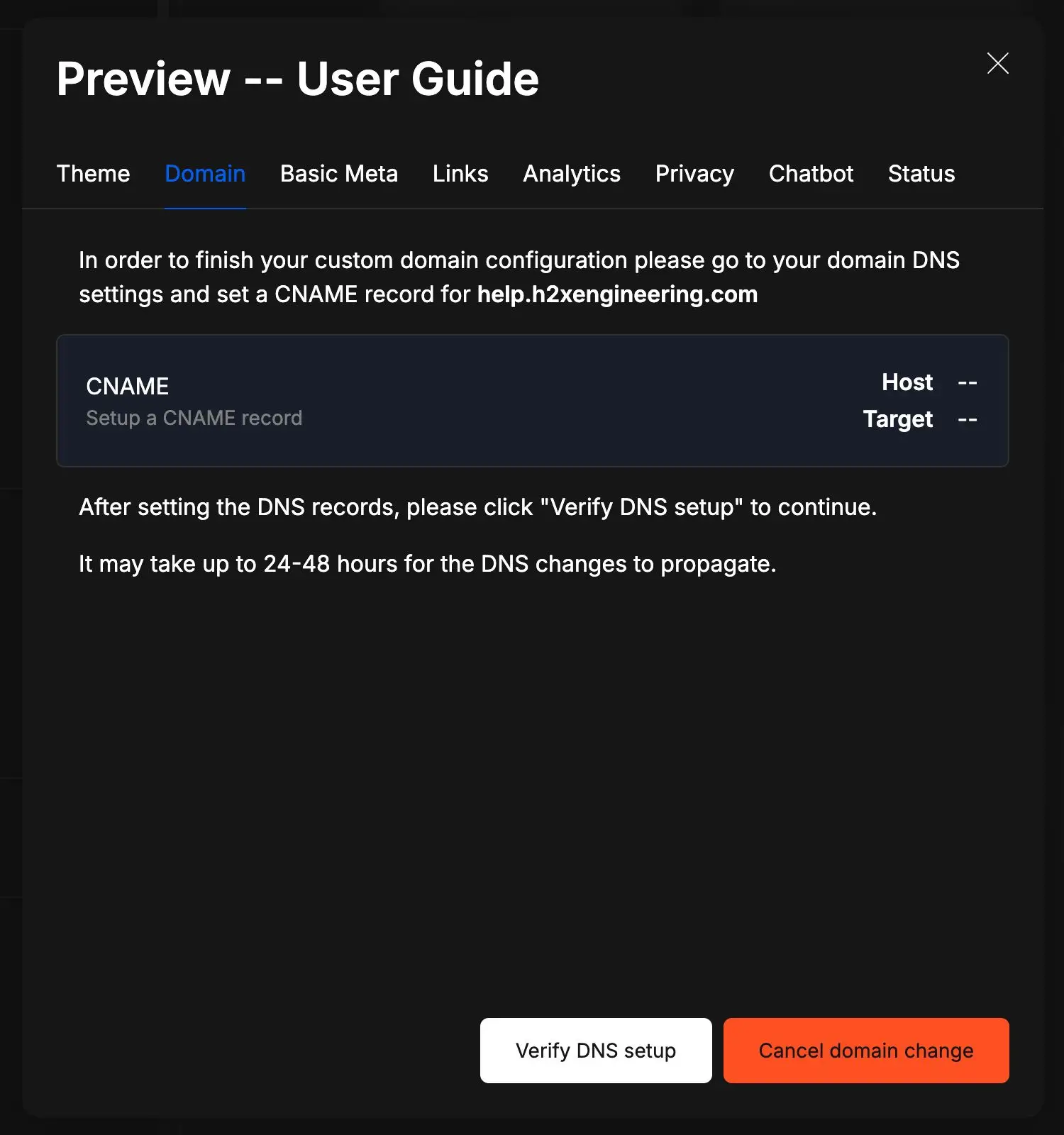 DocsHound User Guide Domain Configuration Screen