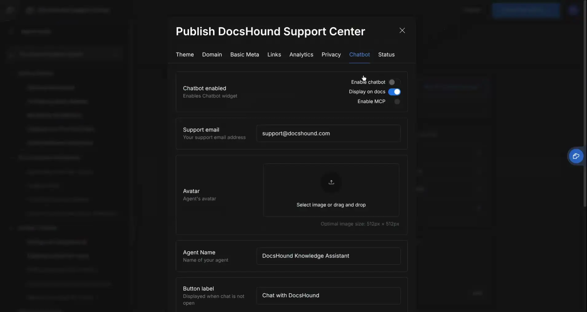 Publish DocsHound Support Center Chatbot settings screen