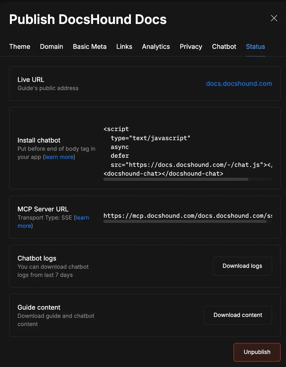 The screenshot displays the 'Publish DocsHound Docs' interface, showing options for live URL, chatbot installation, server URL, chatbot logs, and guide content download.