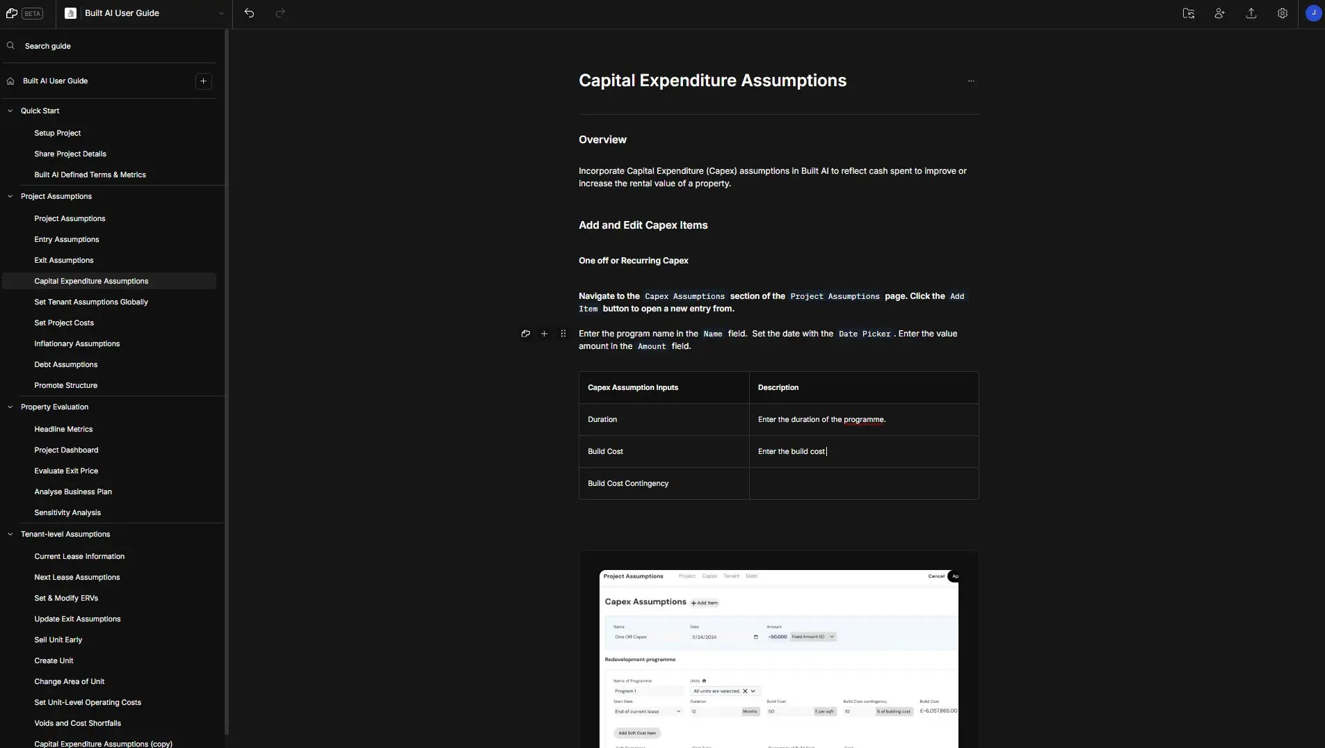 DocsHound Capital Expenditure Assumptions editing screen with navigation menu and content instructions.