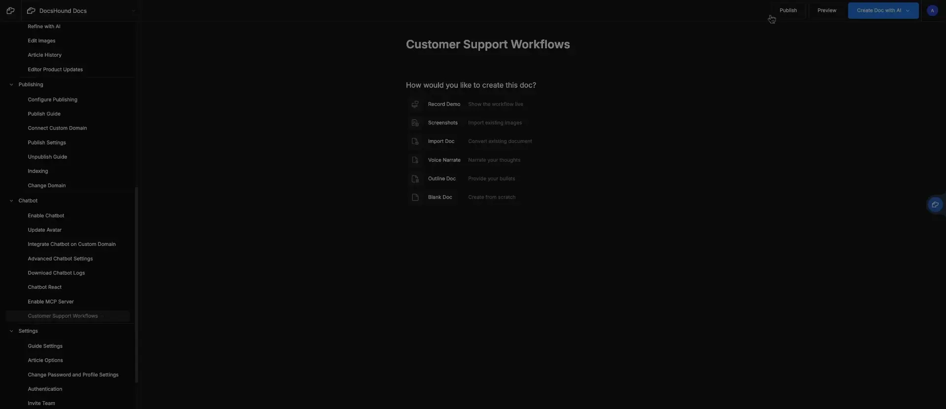 DocsHound Customer Support Workflows screen with document creation options and navigation menu.