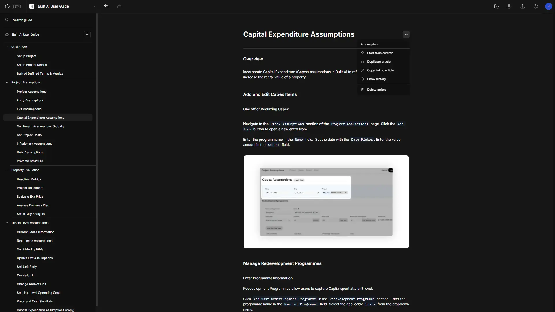 DocsHound Capital Expenditure Assumptions page with navigation and article options.