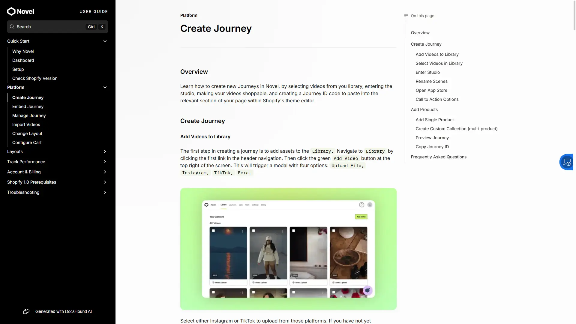 Novel user guide page for Create Journey feature in the Platform section.