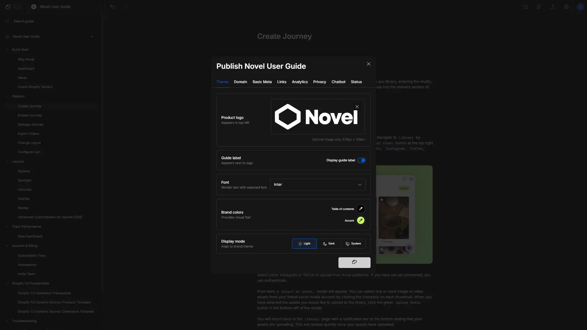 DocsHound Publish Novel User Guide interface with theme and display settings