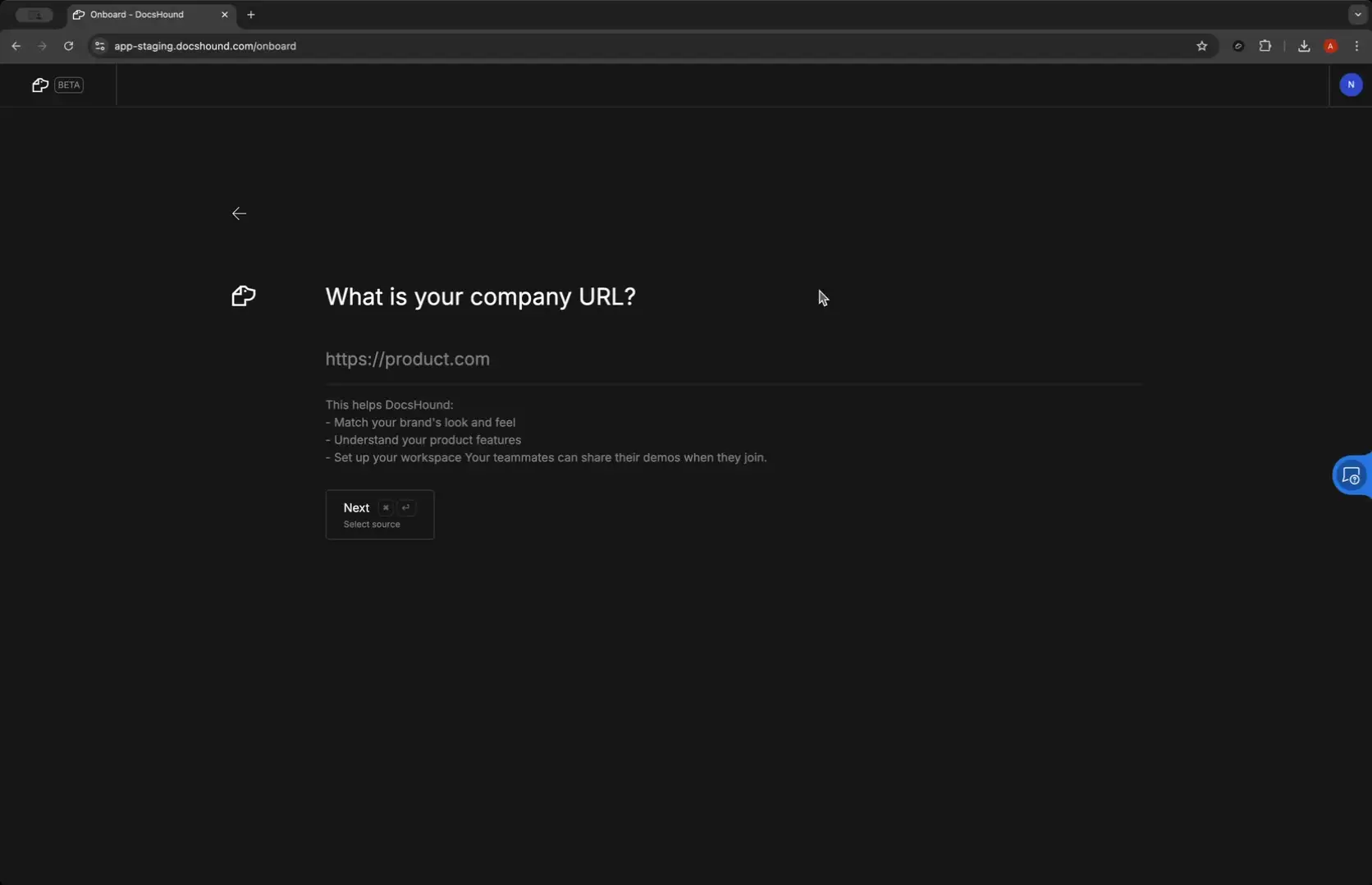 DocsHound Onboarding - Company URL Entry