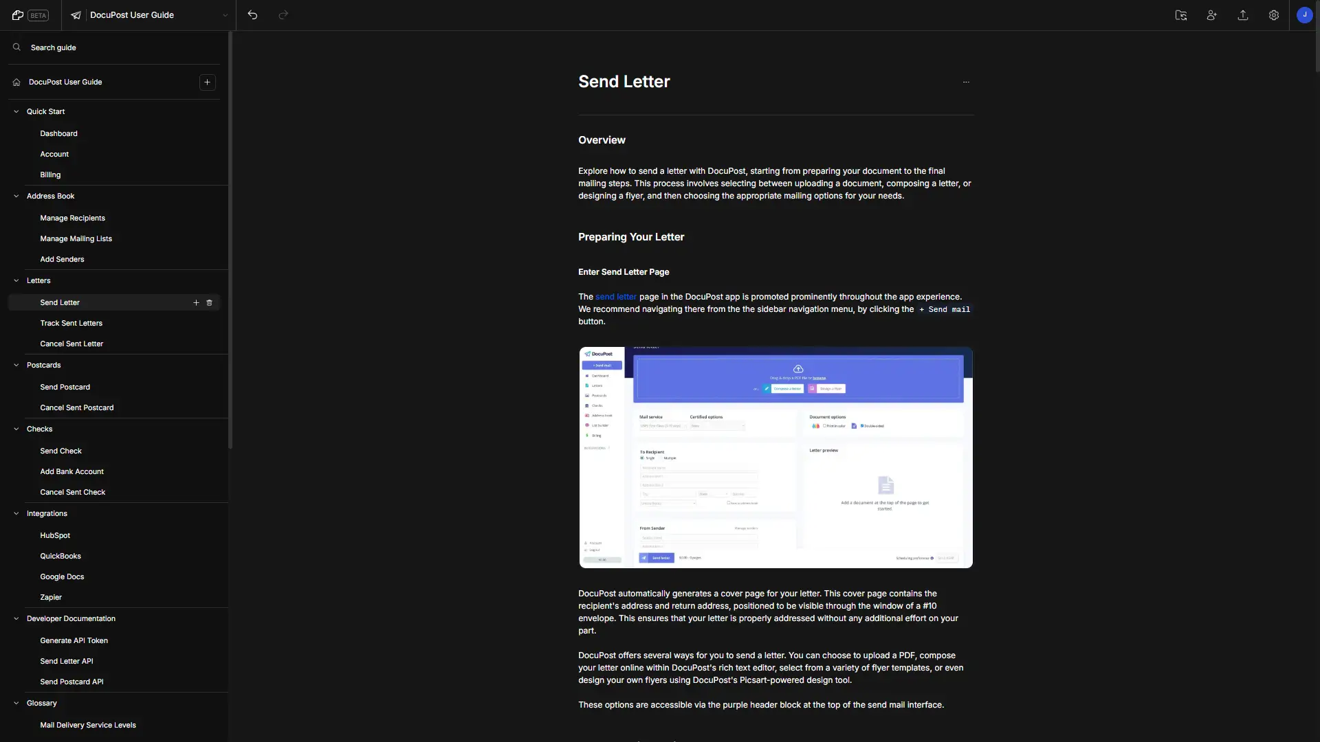 DocuPost User Guide - Send Letter section with sidebar menu and detailed instructions.