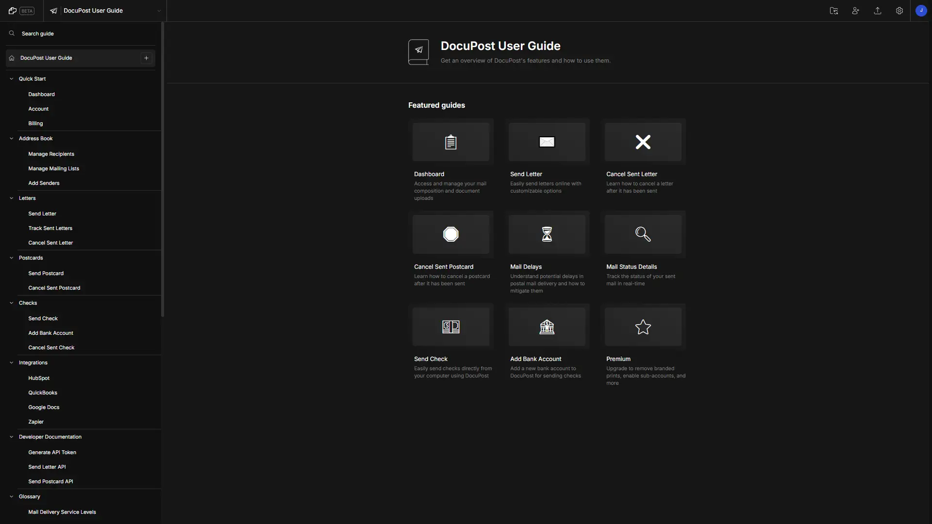 DocuPost User Guide with featured guides and navigation menu in DocsHound knowledge base.