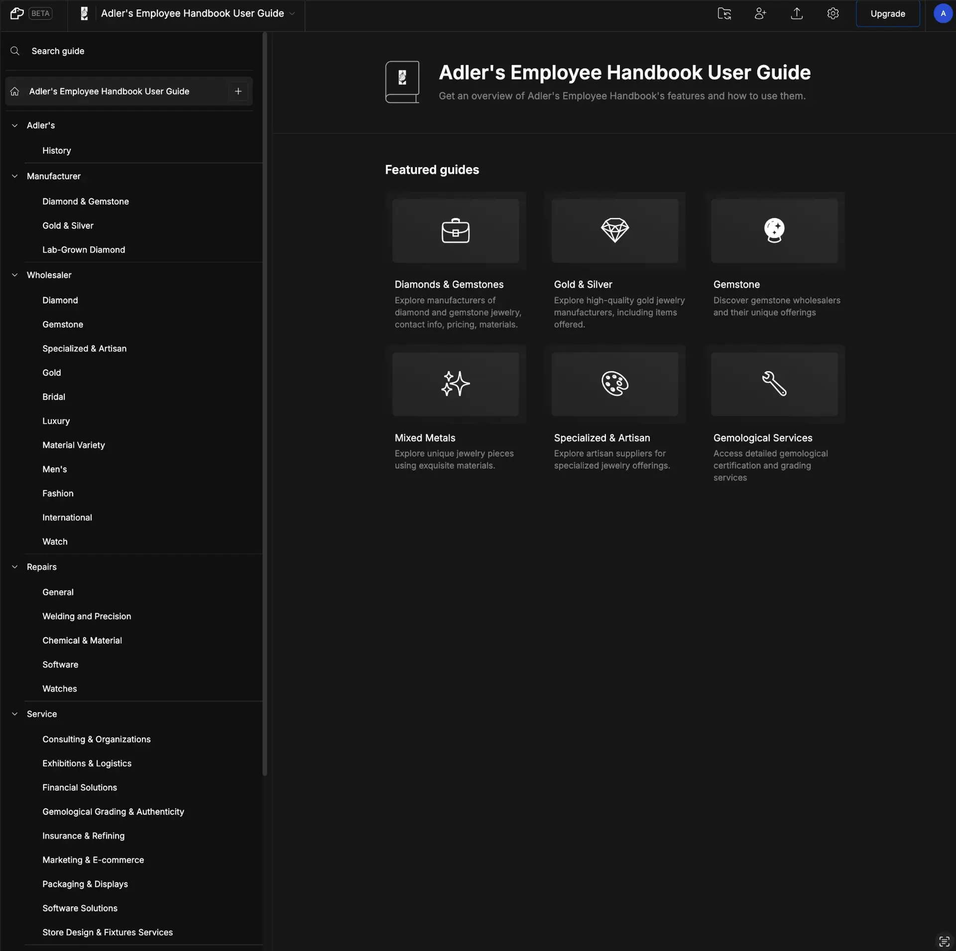 Adler's Employee Handbook User Guide interface in DocsHound with navigation menu and featured guides.