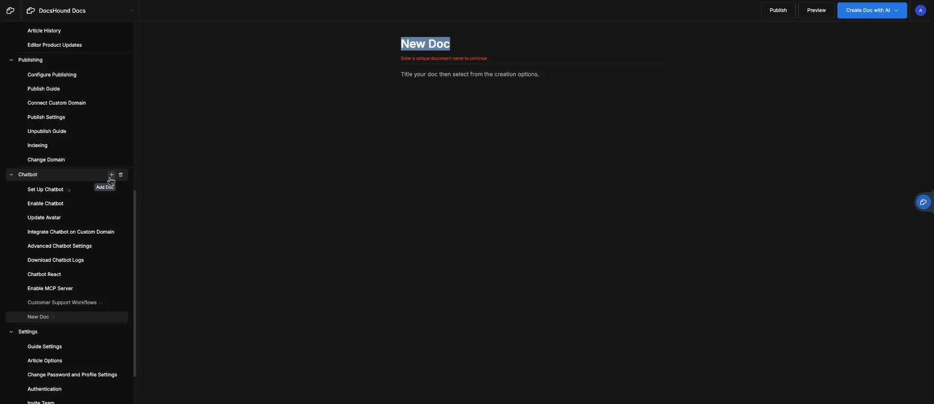 DocsHound Docs interface for creating a new document with navigation panel and options.
