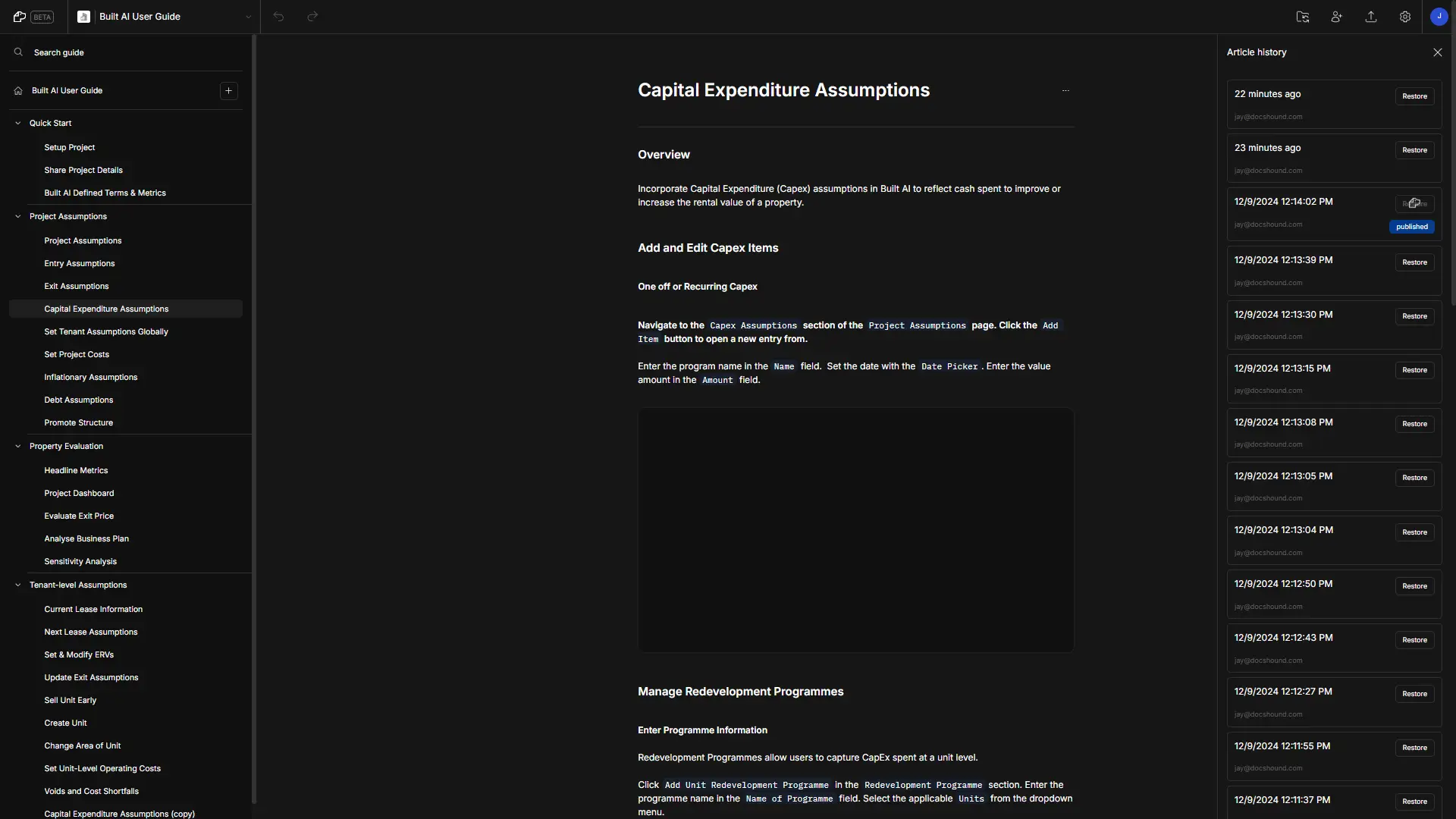 DocsHound article view showing Capital Expenditure Assumptions with article history panel.