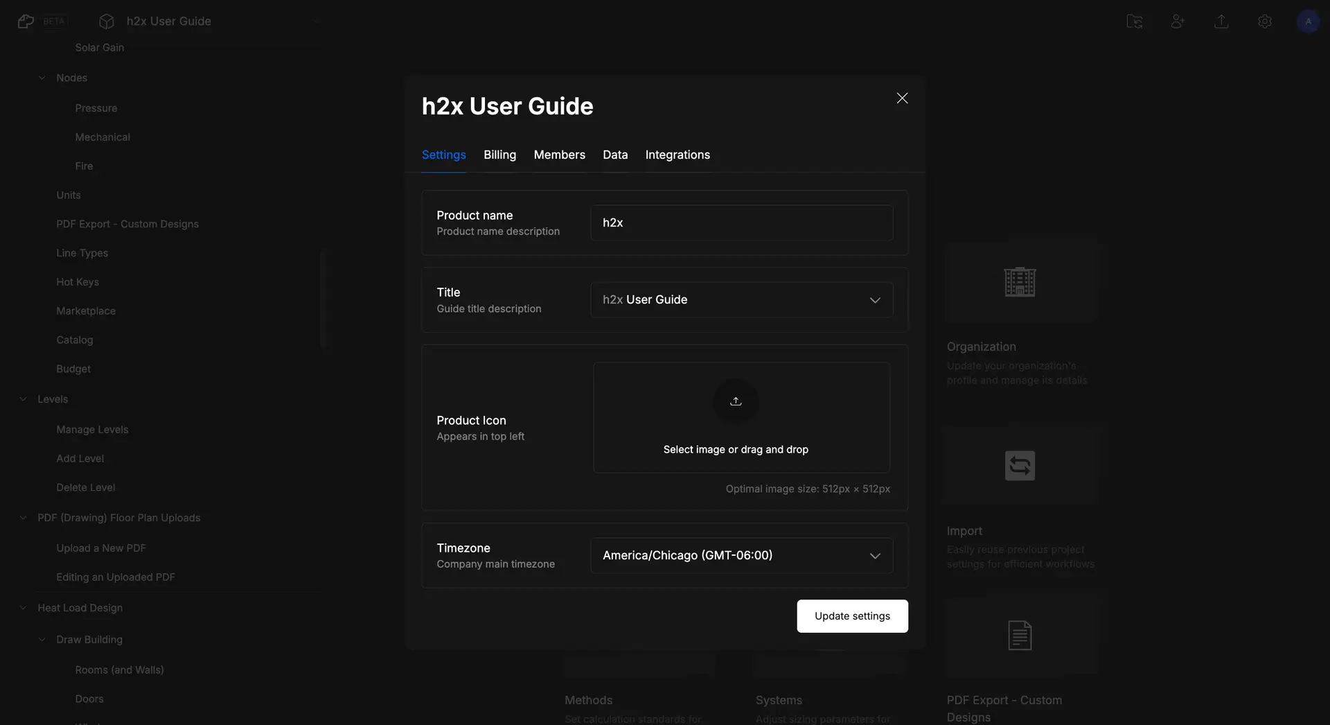 DocsHound h2x User Guide settings screen