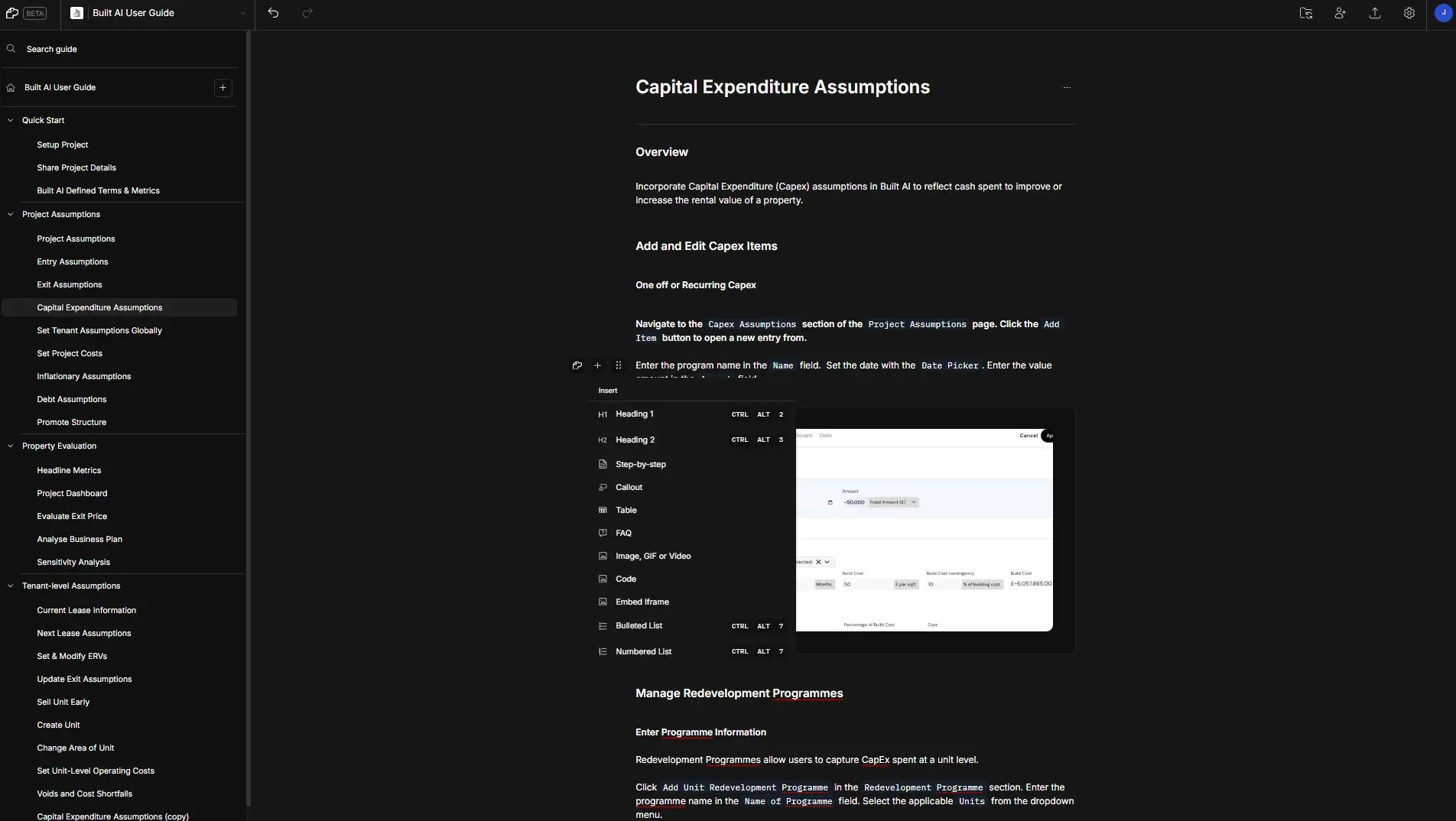 DocsHound Capital Expenditure Assumptions editing screen with navigation menu and insert options.