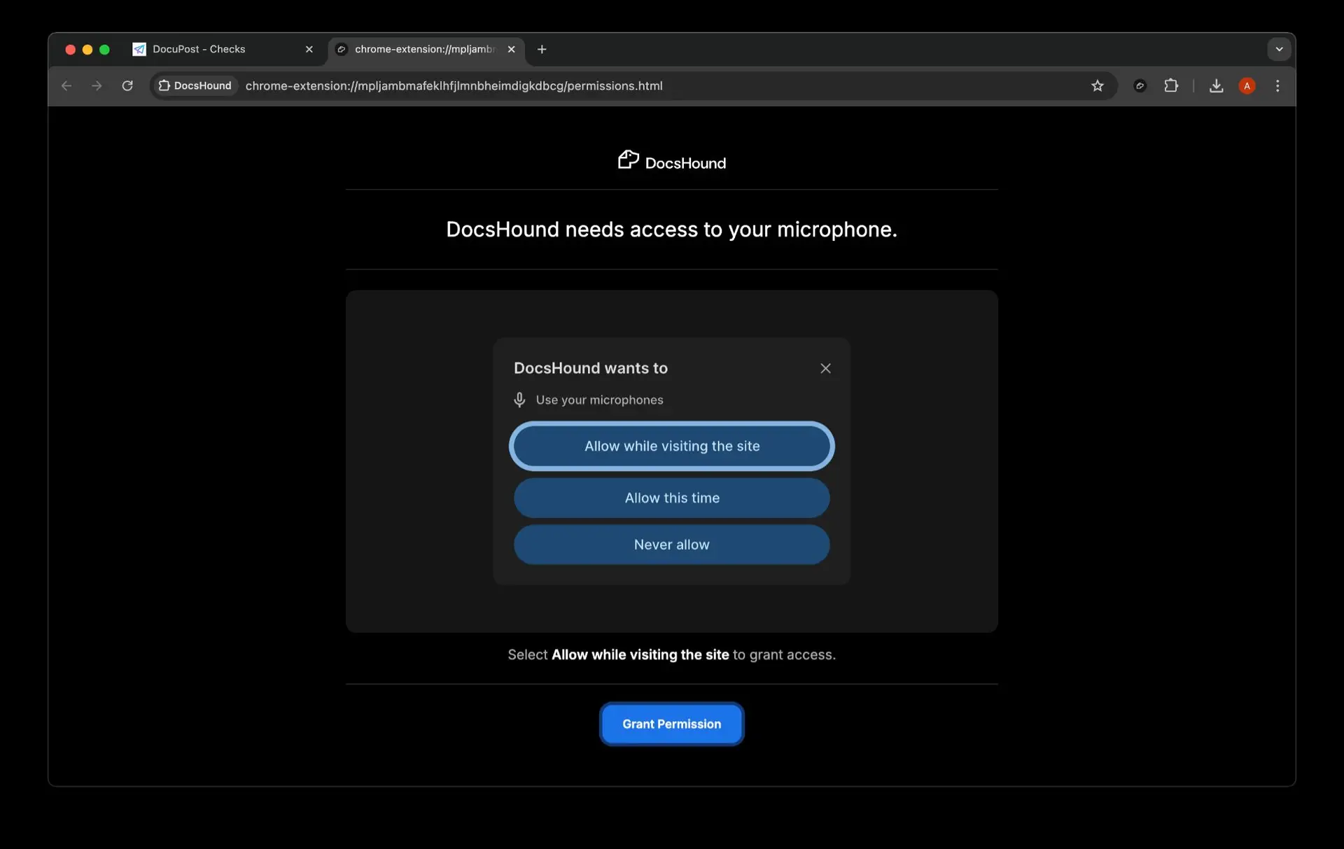 DocsHound microphone access permission screen