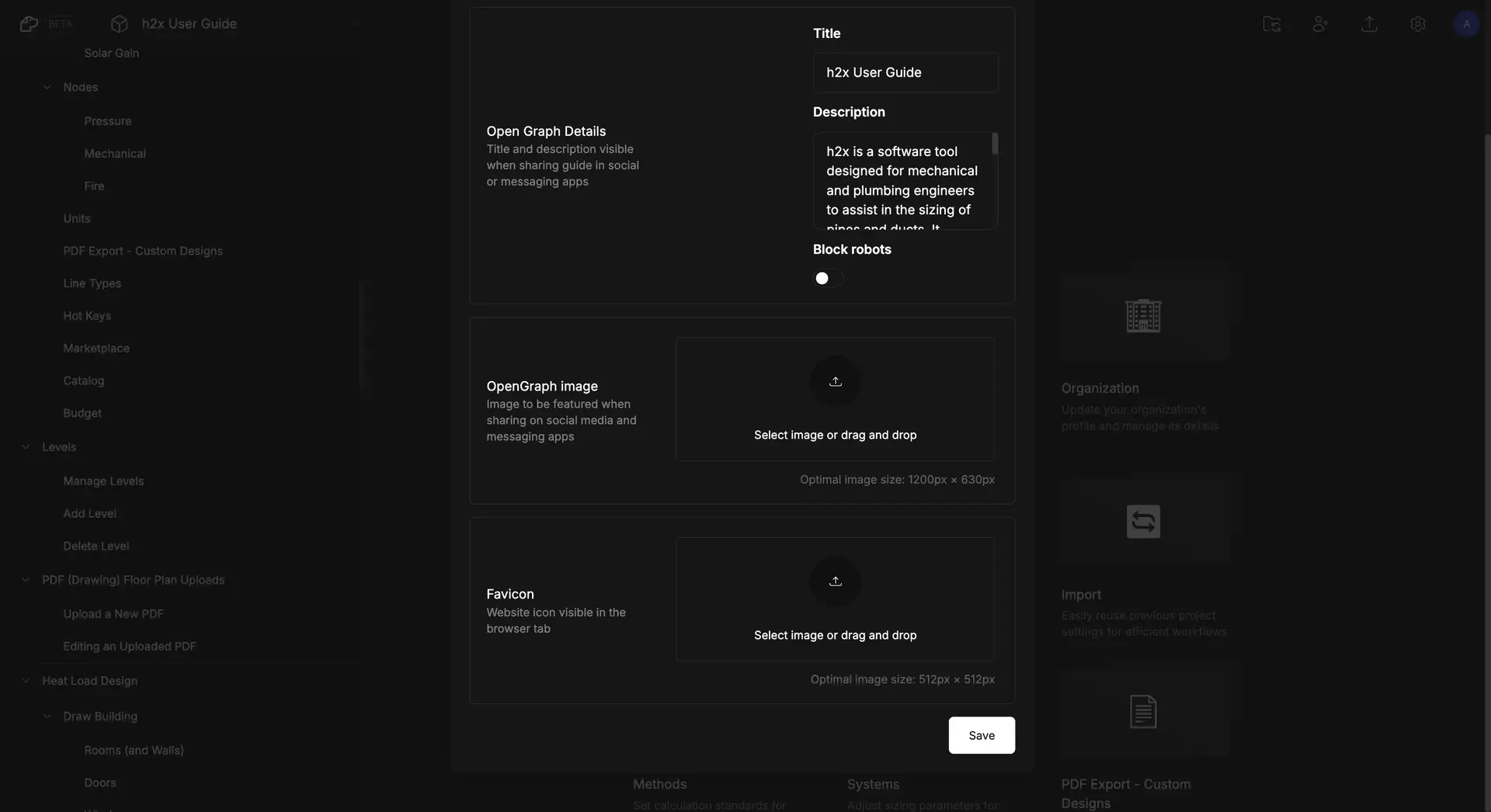 DocsHound settings screen for updating guide icons with fields for Open Graph Details, image uploads, and a save button.