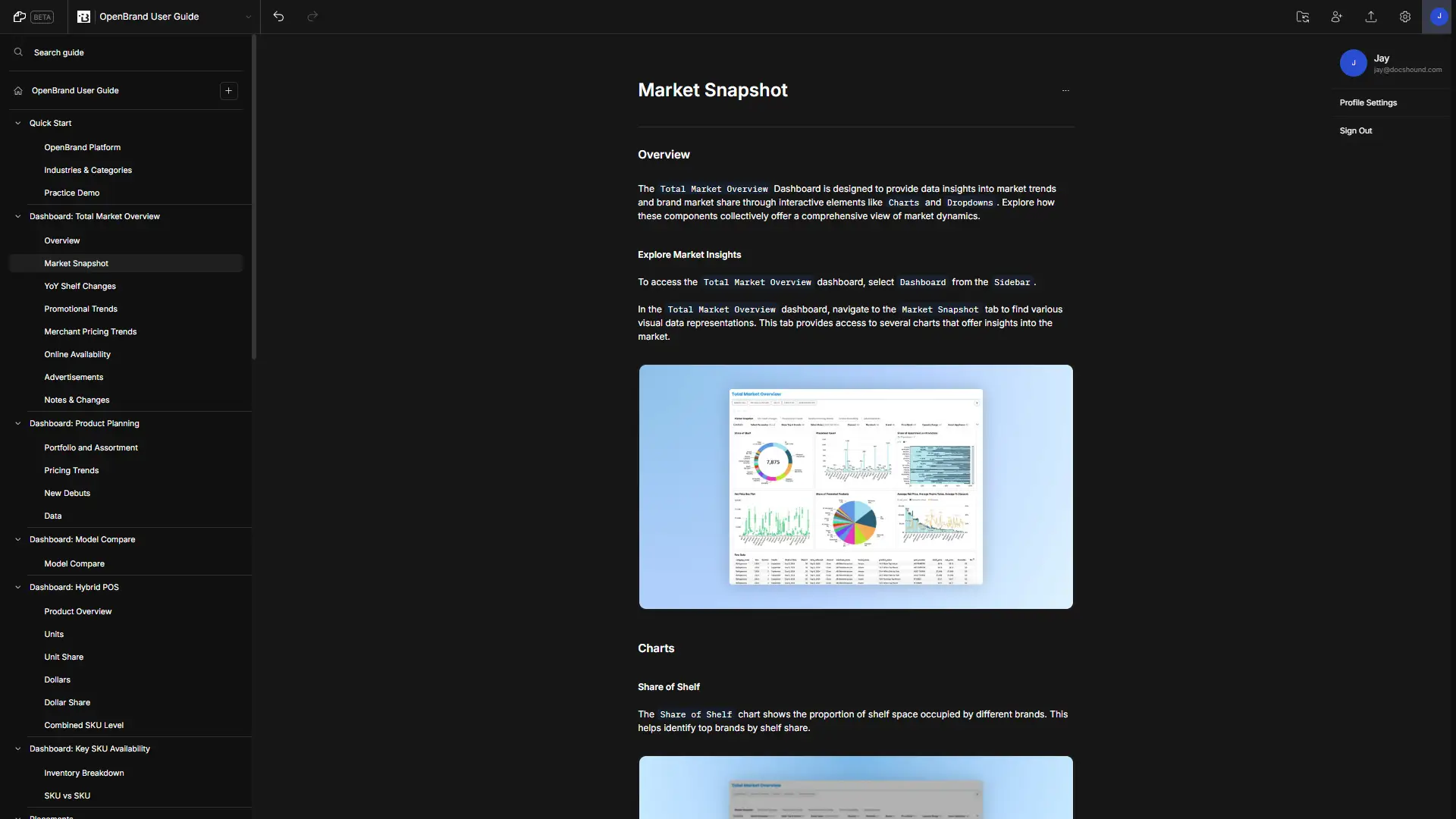 OpenBrand User Guide - Market Snapshot section in DocsHound interface with navigation menu and user profile options.