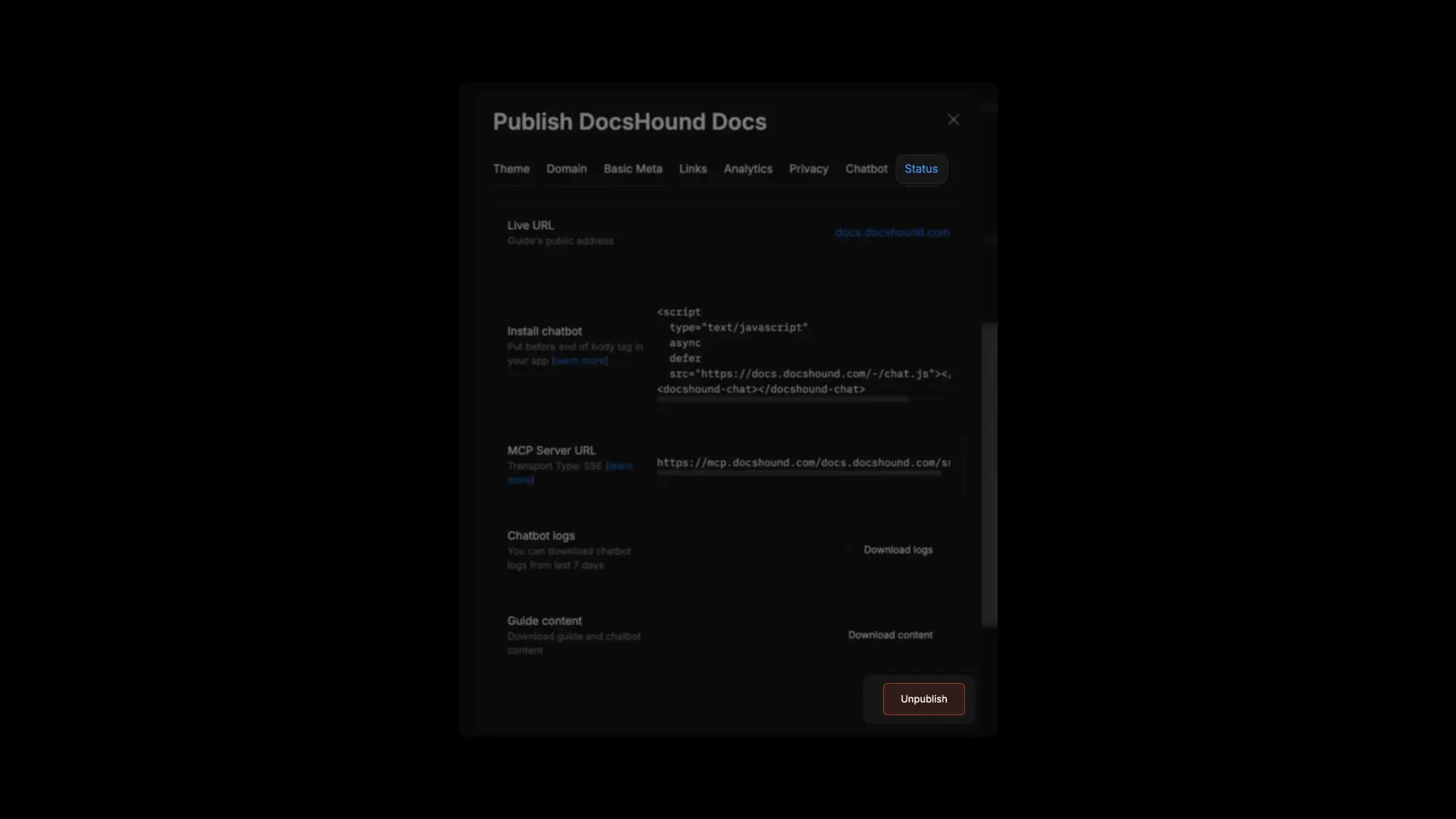 Publish DocsHound Docs screen showing status tab with live URL, install chatbot script, MCP server URL, and options to download logs and content.