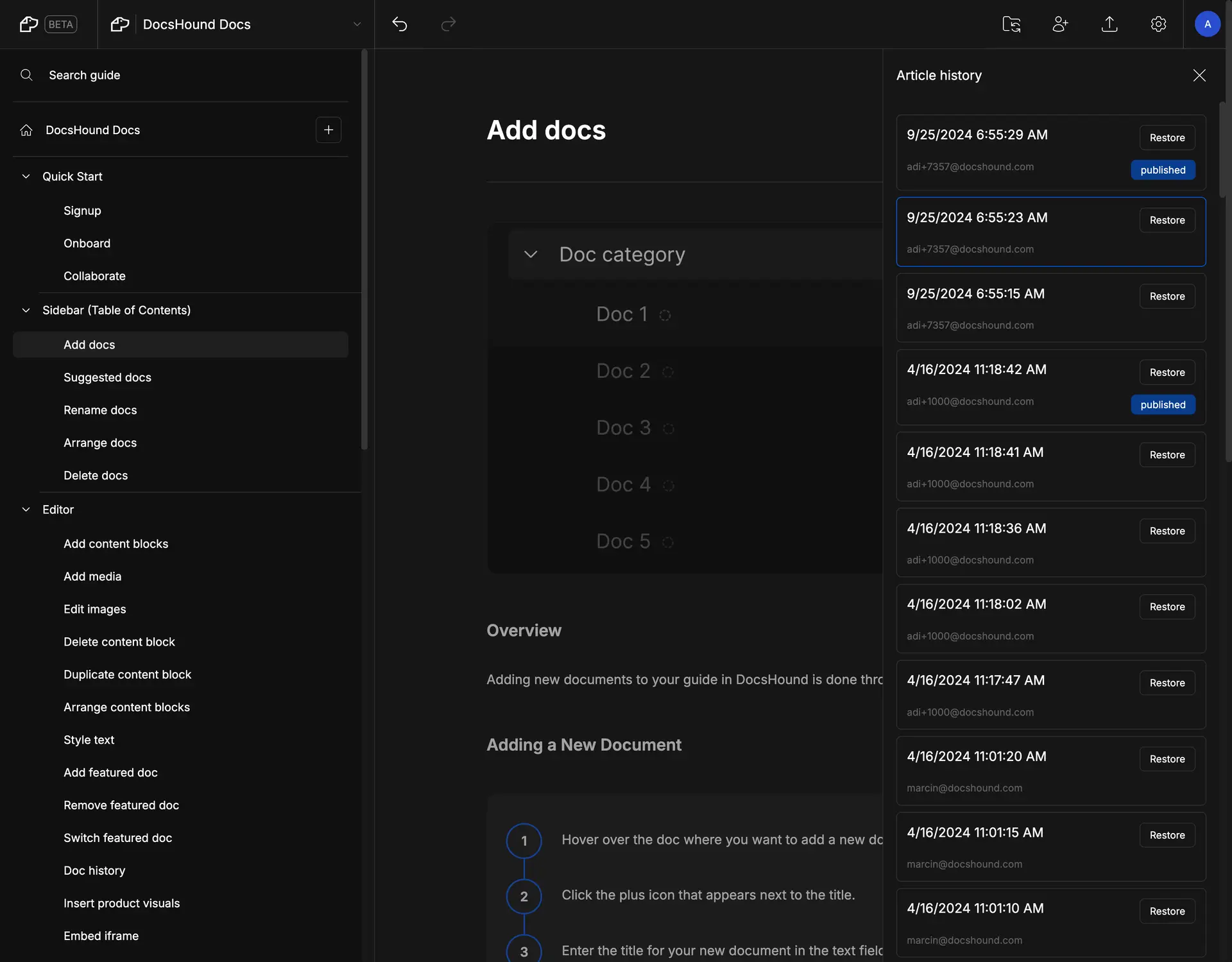 DocsHound interface showing Add docs section and Article history panel