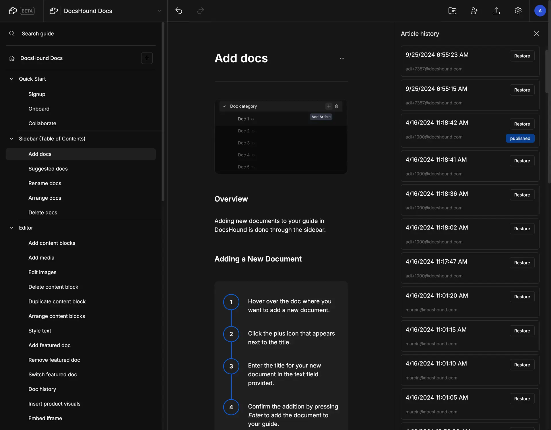 DocsHound interface showing 'Add docs' section with Sidebar and Article history panel.