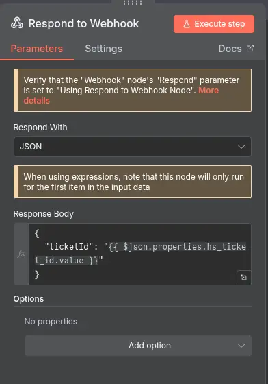 DocsHound Respond to Webhook Parameters screen