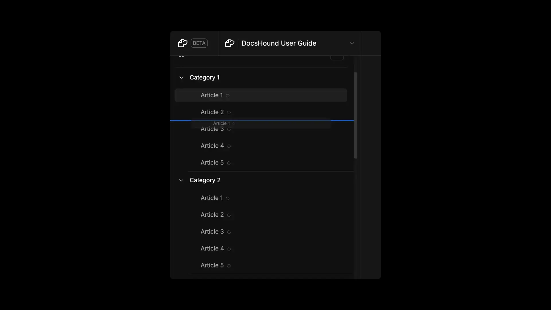 DocsHound User Guide Table of Contents with categories and articles listed.