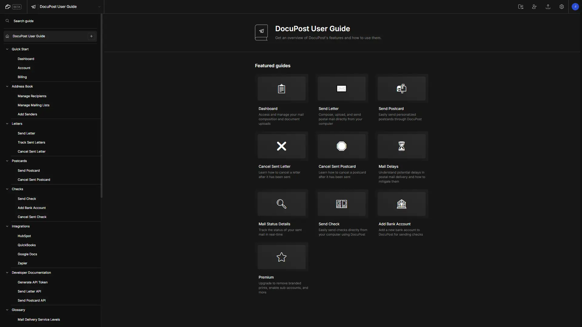 DocuPost User Guide interface with navigation menu and featured guides