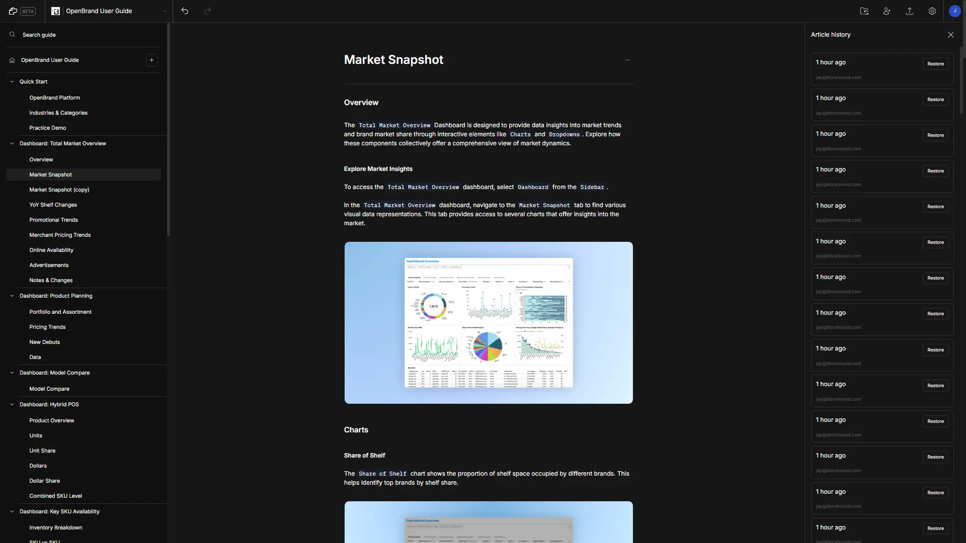 DocsHound interface showing Market Snapshot article in OpenBrand User Guide with navigation and article history panels.