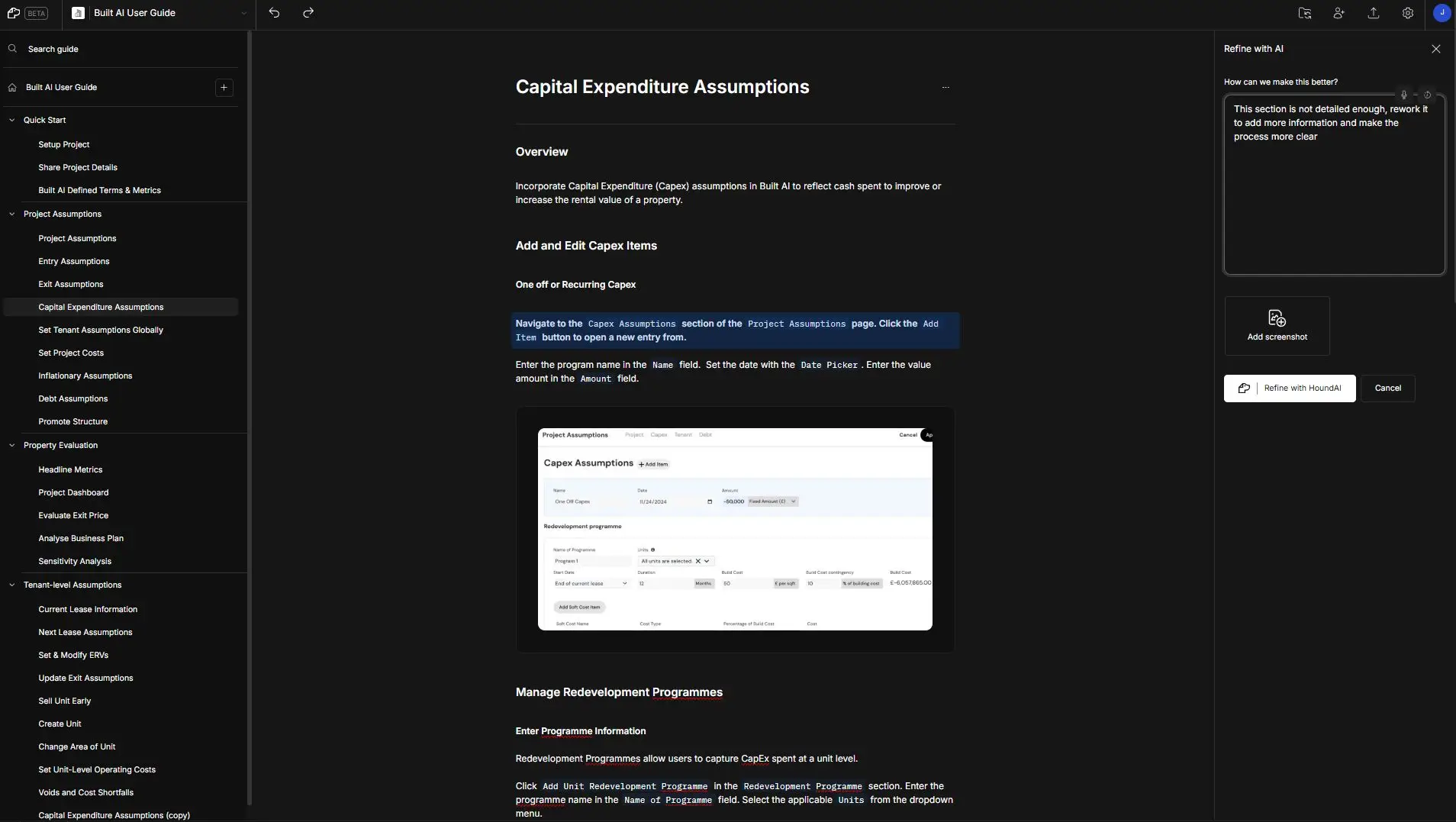 DocsHound Built AI User Guide - Capital Expenditure Assumptions page