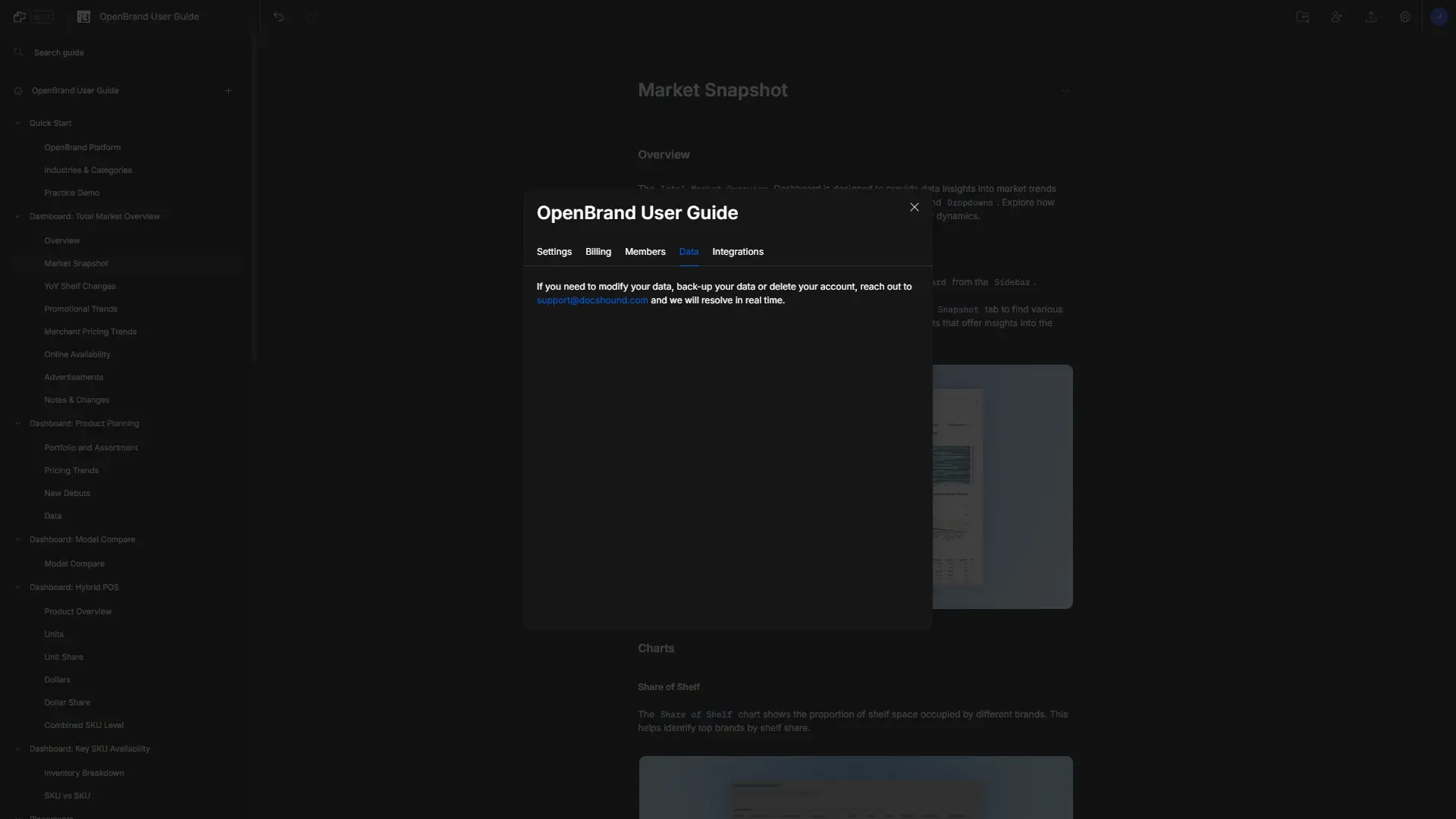 DocsHound OpenBrand User Guide settings interface with Data tab selected.