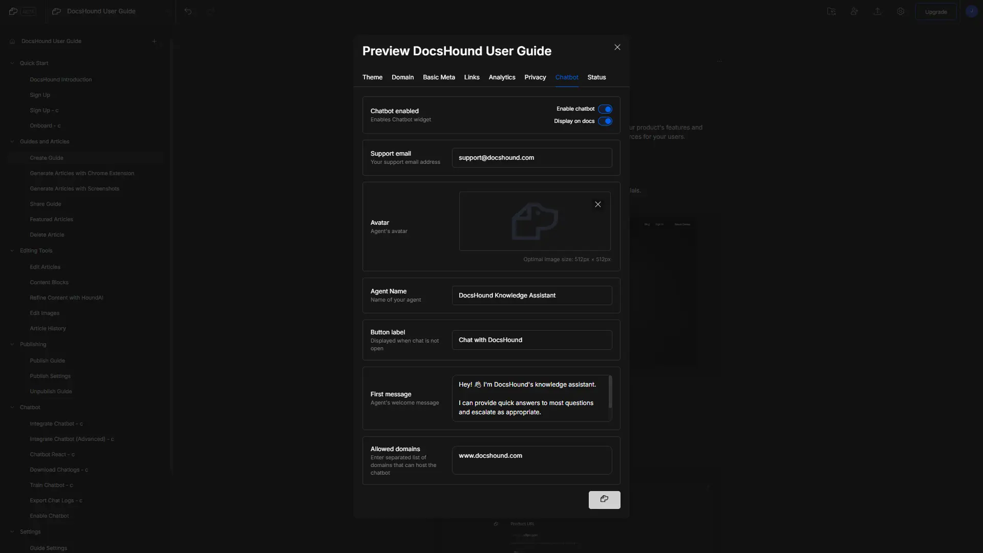 DocsHound User Guide Chatbot integration settings screen