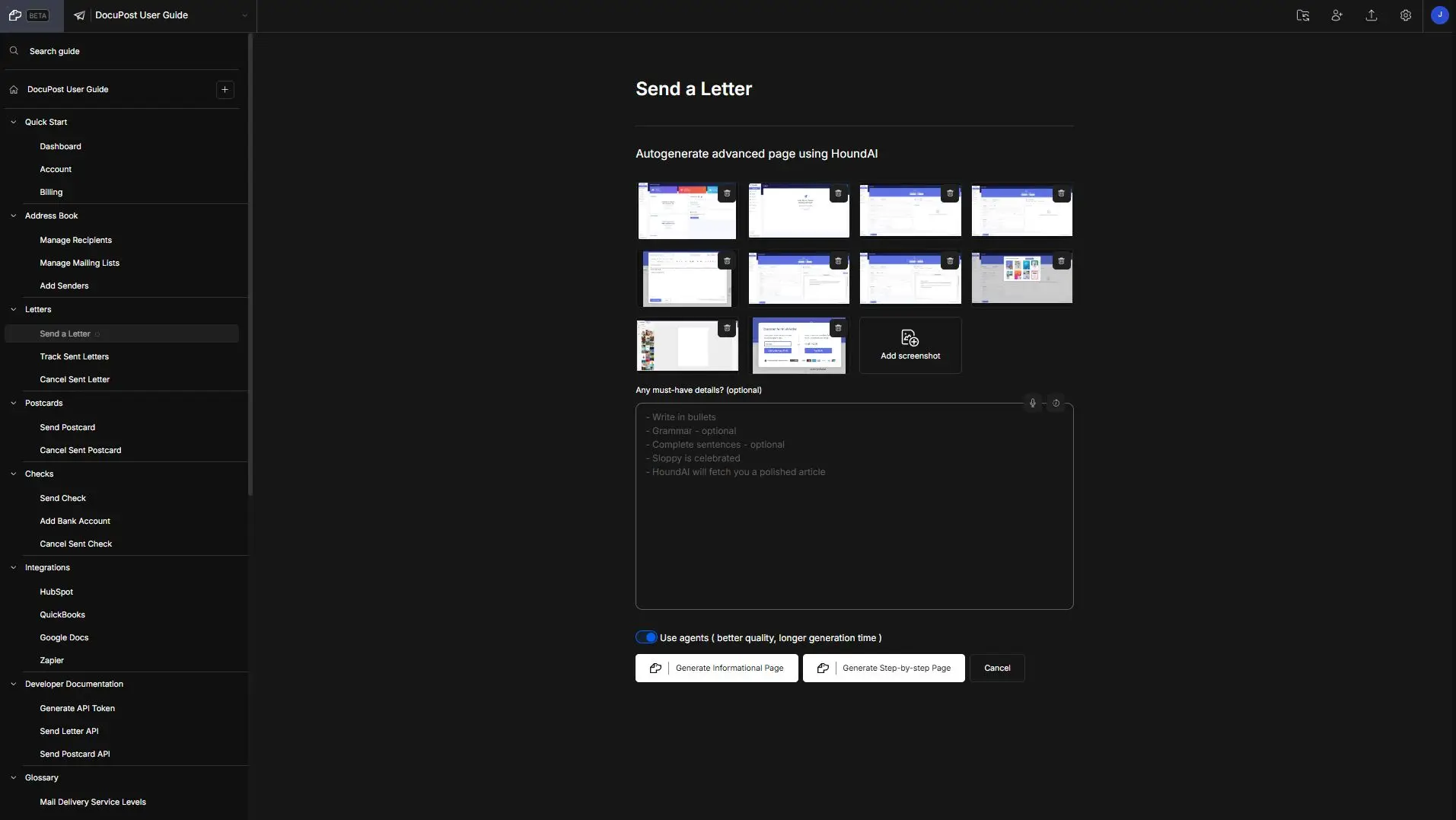 DocuPost User Guide - Send a Letter section with options to autogenerate pages using HoundAI.