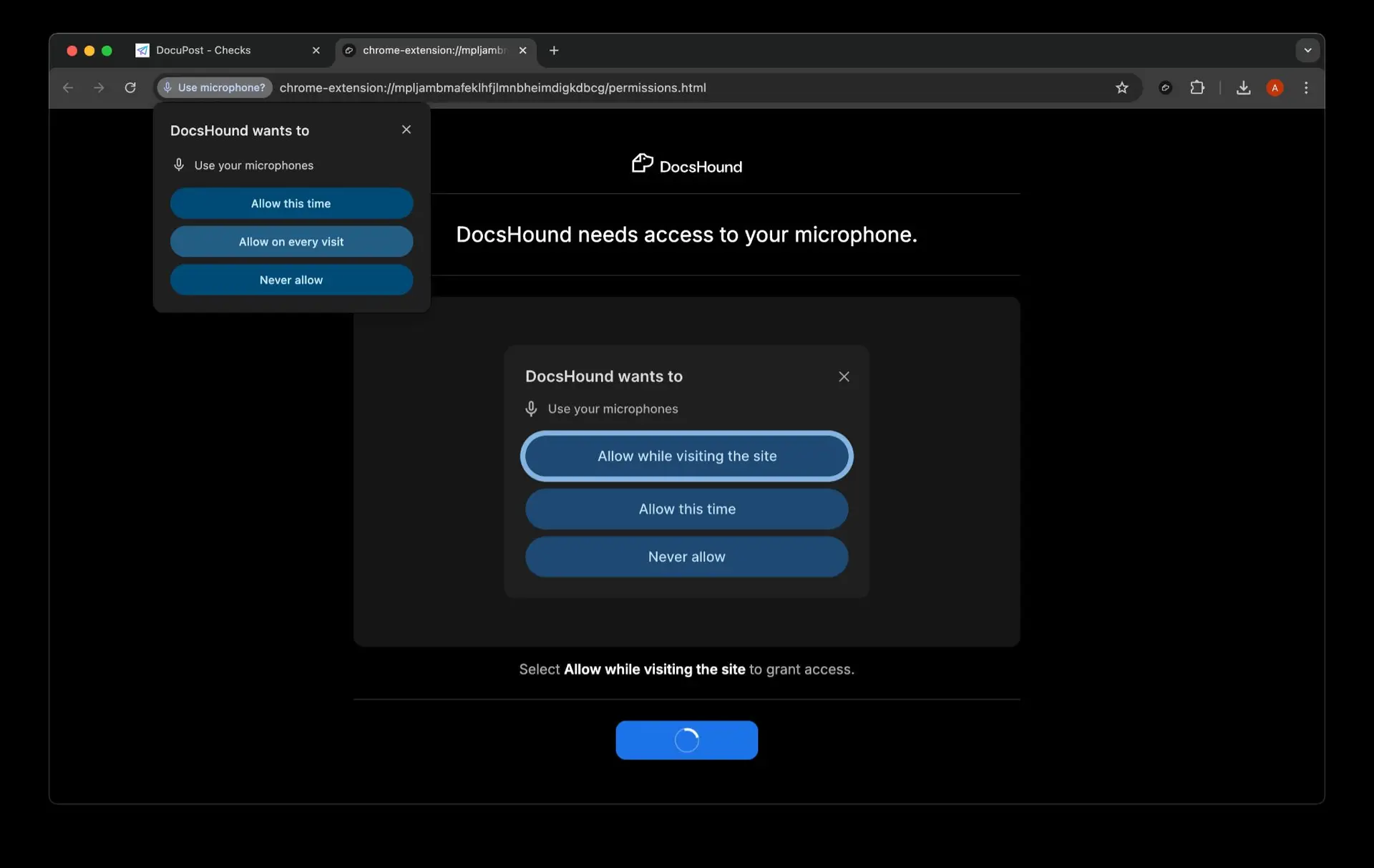 DocsHound microphone access request screen